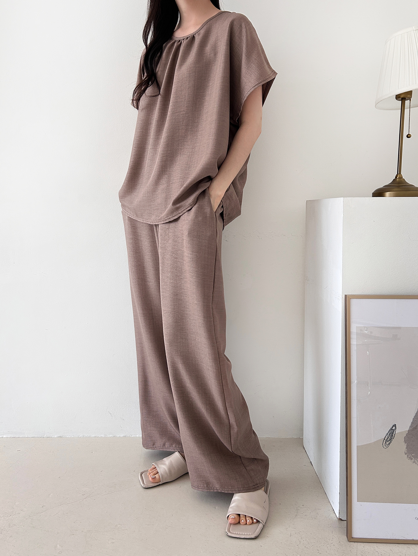 ラウンドネックシャーリングウエストゴムオーバーサイズロング半袖ツーピース(トップス、ボトムス)パンツTシャツ | 詳細画像36