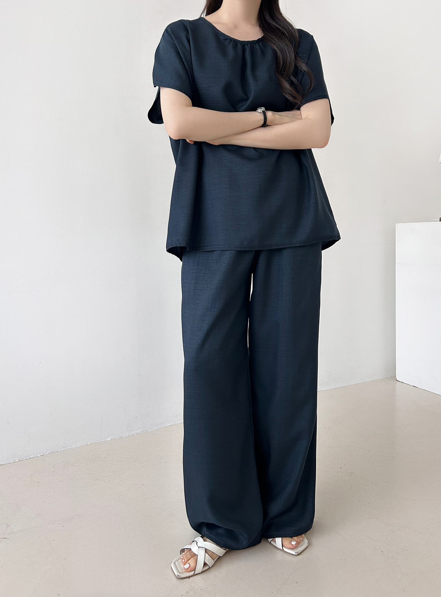ラウンドネックシャーリングウエストゴムオーバーサイズロング半袖ツーピース(トップス、ボトムス)パンツTシャツ | 詳細画像3