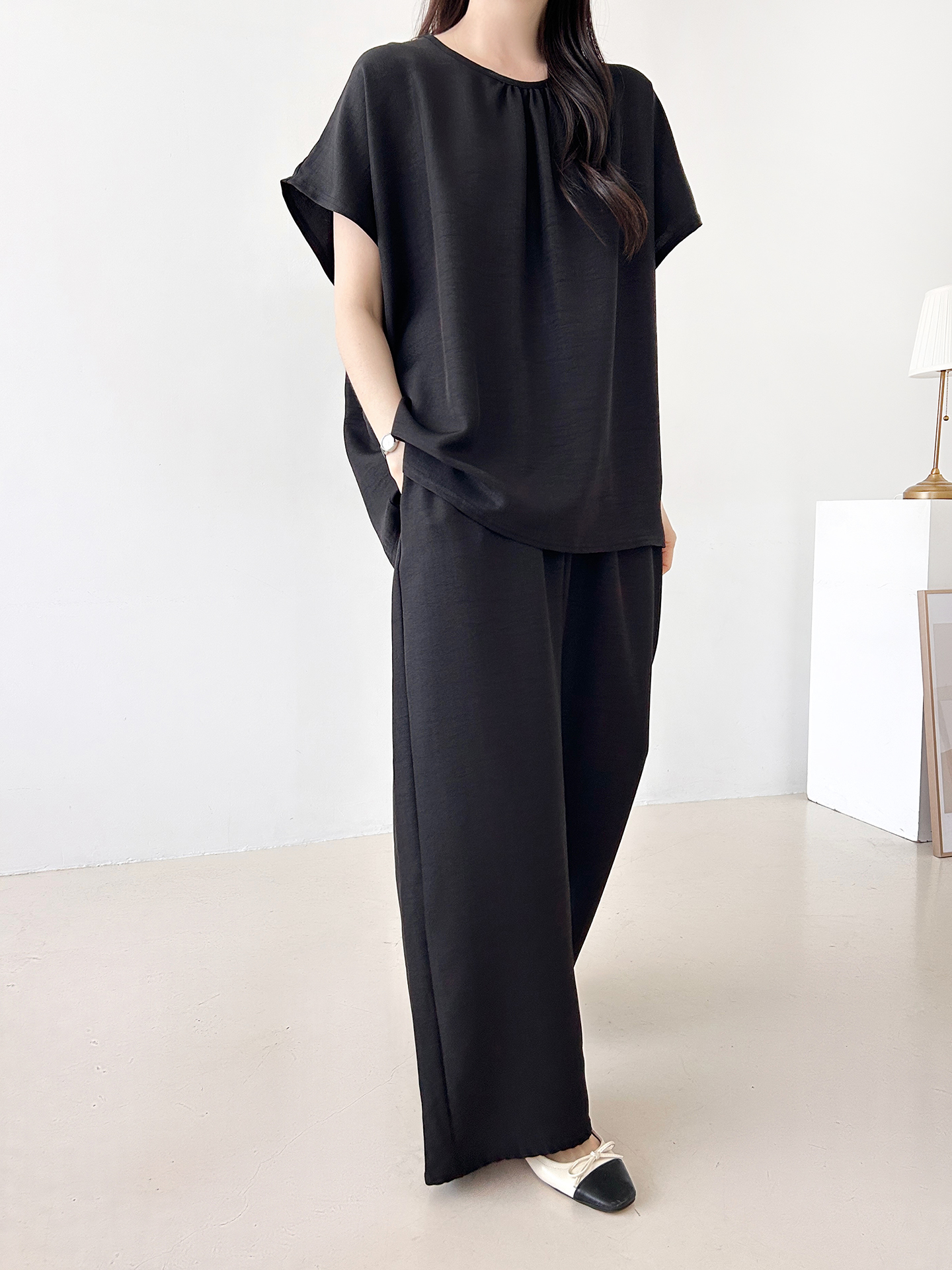 ラウンドネックシャーリングウエストゴムオーバーサイズロング半袖ツーピース(トップス、ボトムス)パンツTシャツ | 詳細画像25