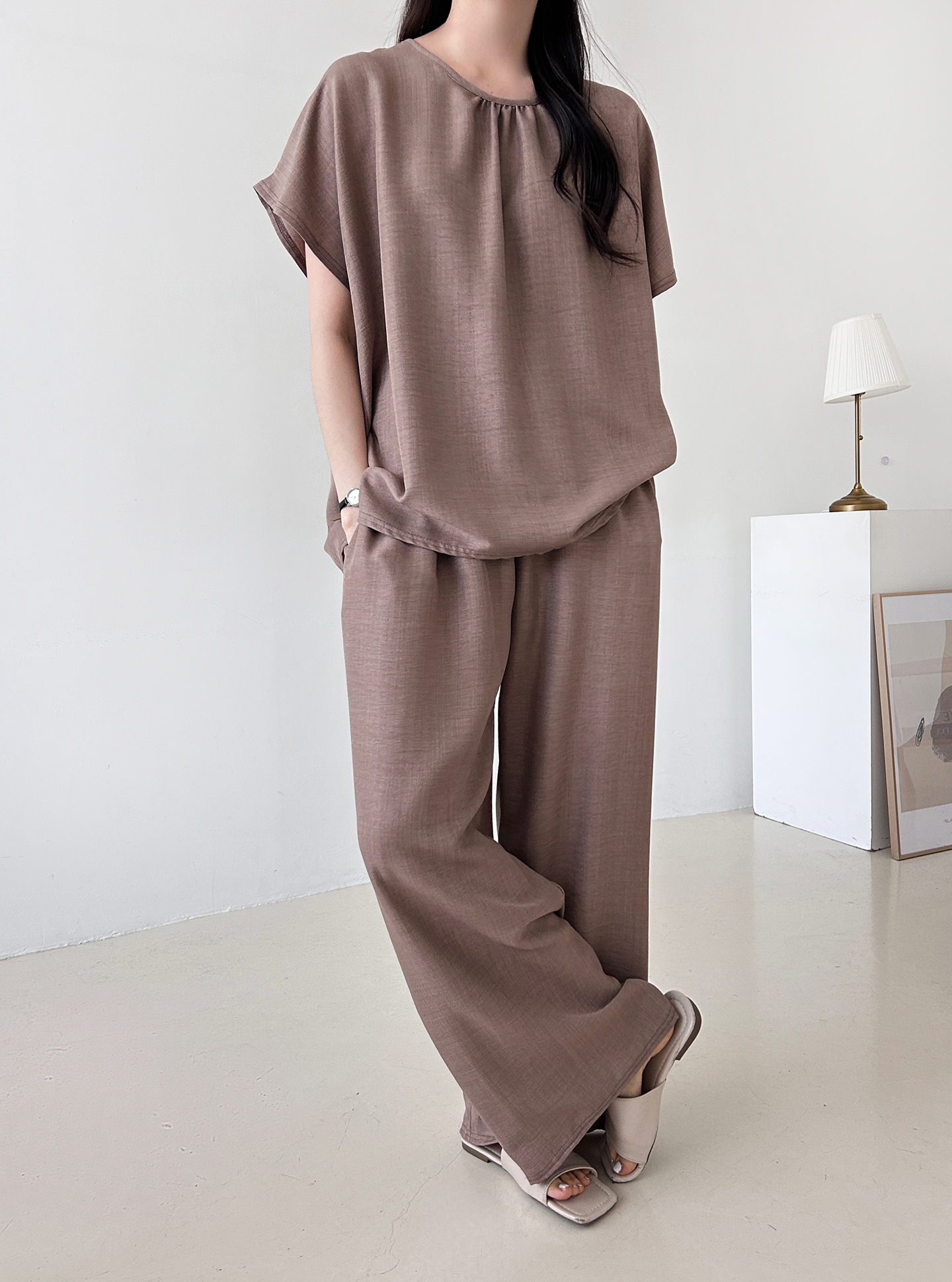 ラウンドネックシャーリングウエストゴムオーバーサイズロング半袖ツーピース(トップス、ボトムス)パンツTシャツ | 詳細画像37