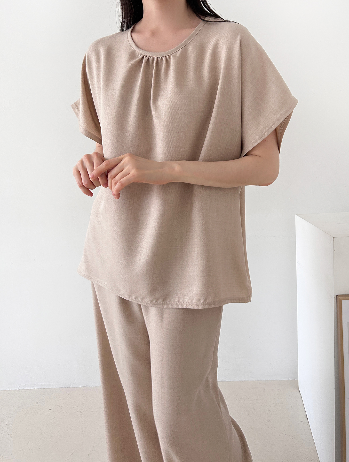 ラウンドネックシャーリングウエストゴムオーバーサイズロング半袖ツーピース(トップス、ボトムス)パンツTシャツ | 詳細画像14