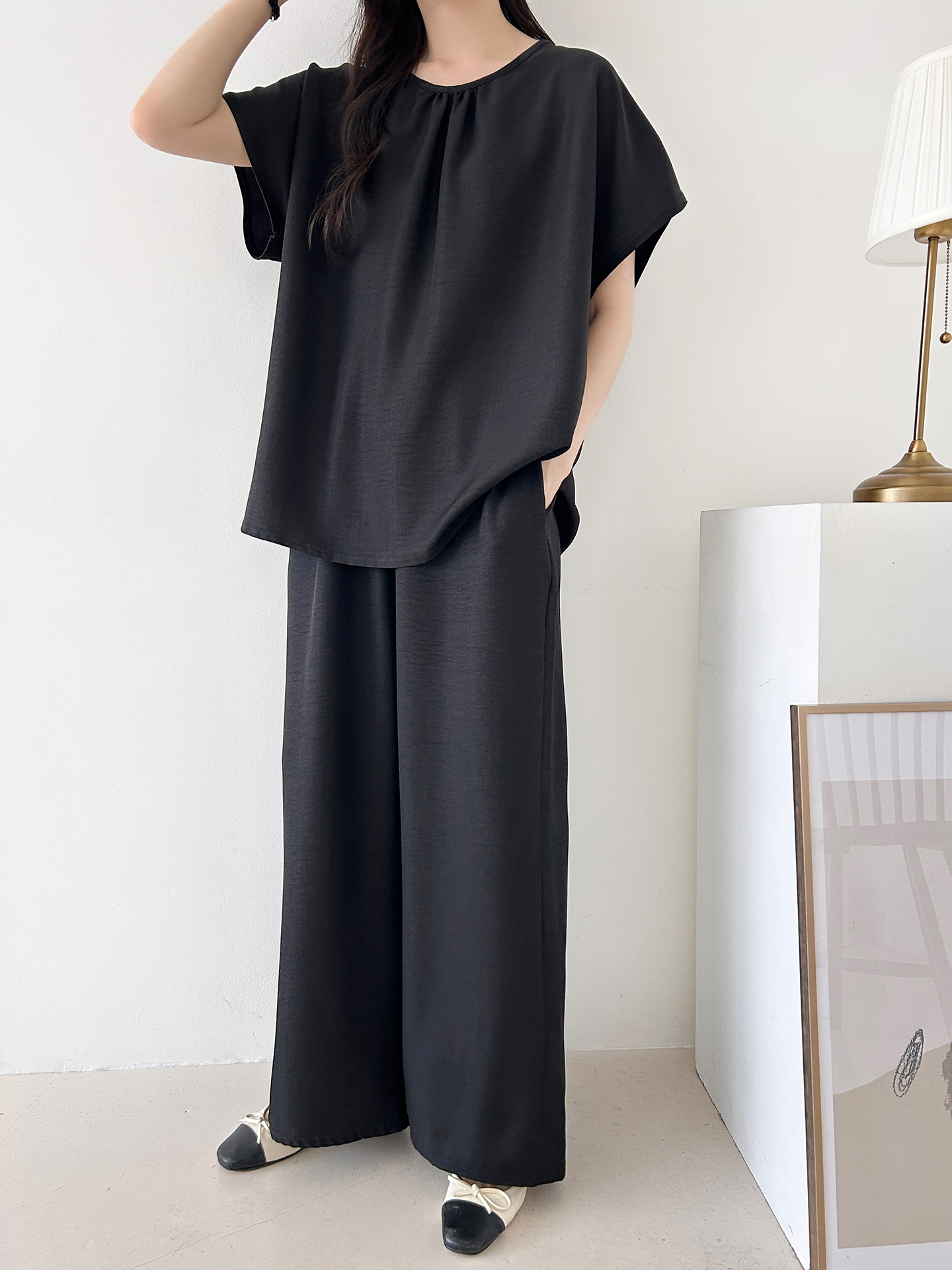 ラウンドネックシャーリングウエストゴムオーバーサイズロング半袖ツーピース(トップス、ボトムス)パンツTシャツ | 詳細画像29