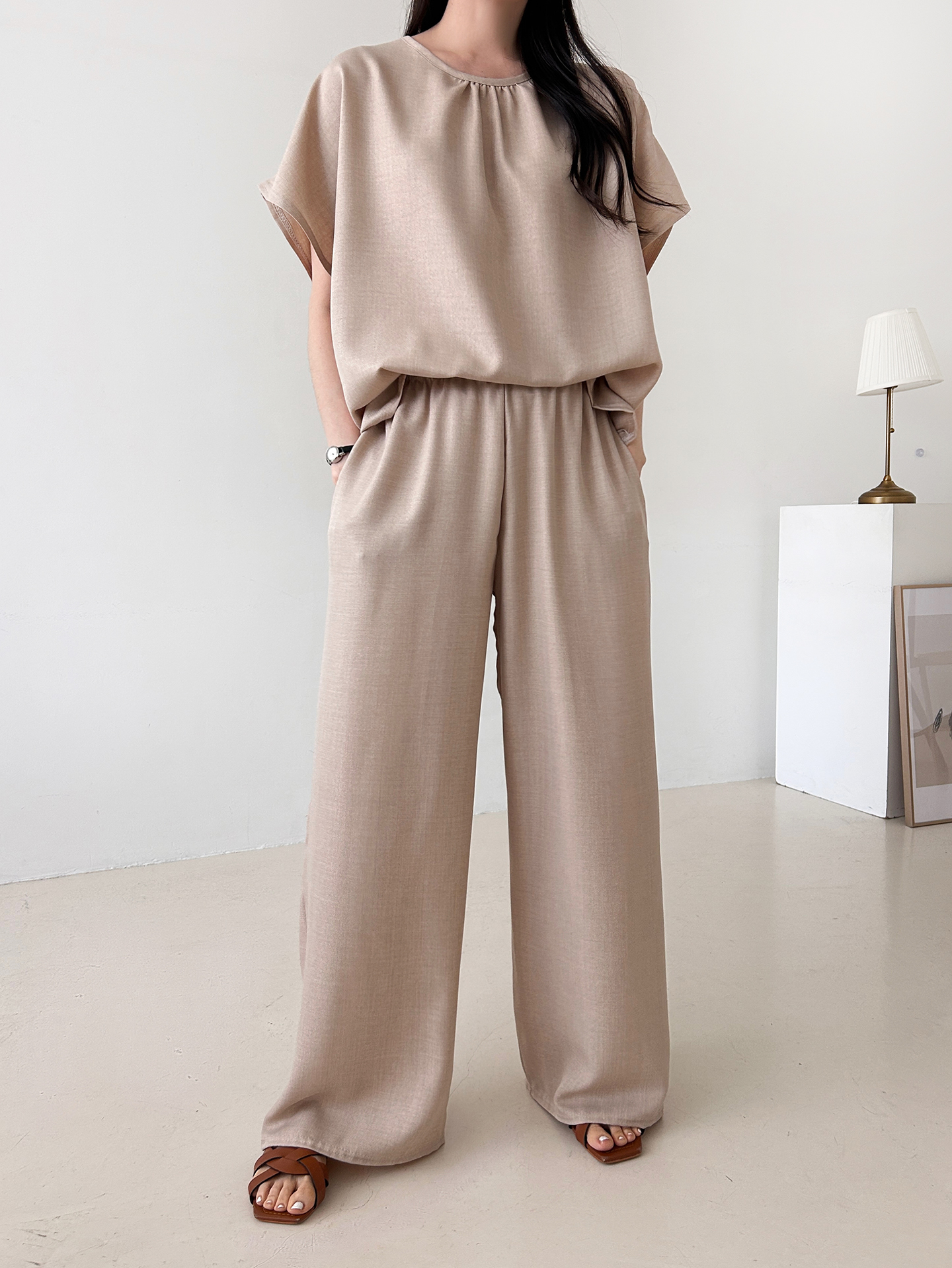 ラウンドネックシャーリングウエストゴムオーバーサイズロング半袖ツーピース(トップス、ボトムス)パンツTシャツ | 詳細画像16