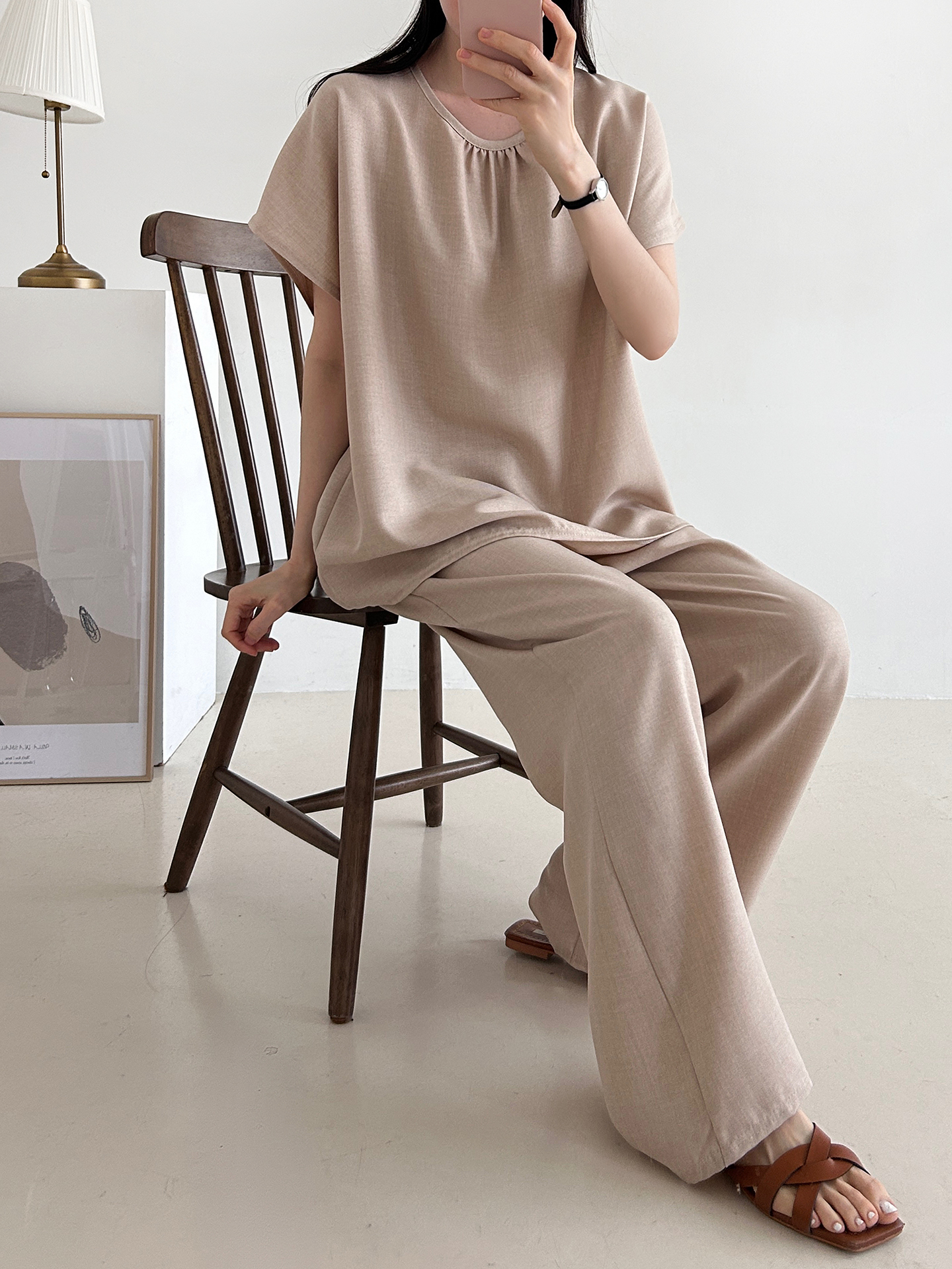 ラウンドネックシャーリングウエストゴムオーバーサイズロング半袖ツーピース(トップス、ボトムス)パンツTシャツ | 詳細画像24