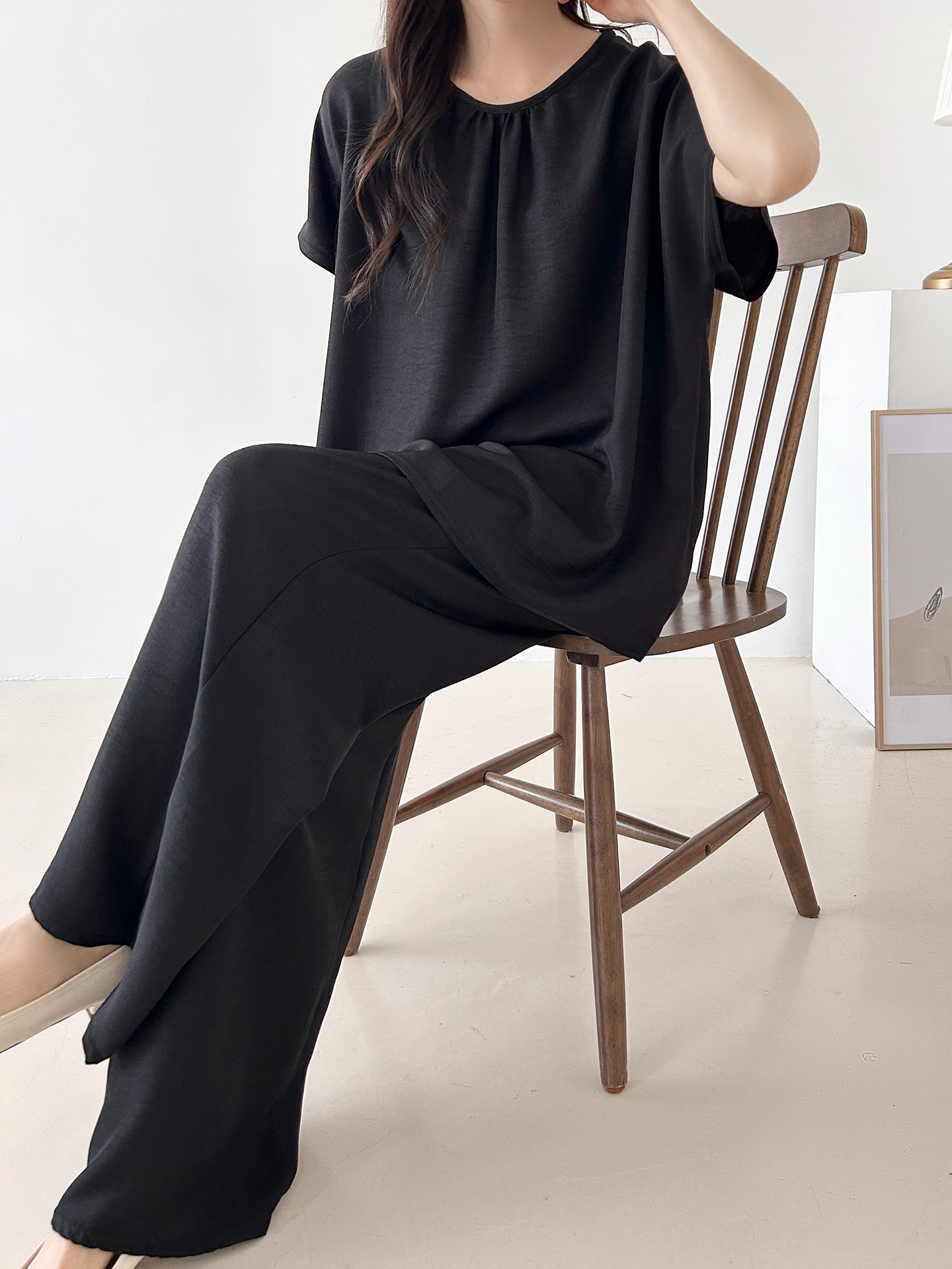 ラウンドネックシャーリングウエストゴムオーバーサイズロング半袖ツーピース(トップス、ボトムス)パンツTシャツ | 詳細画像34
