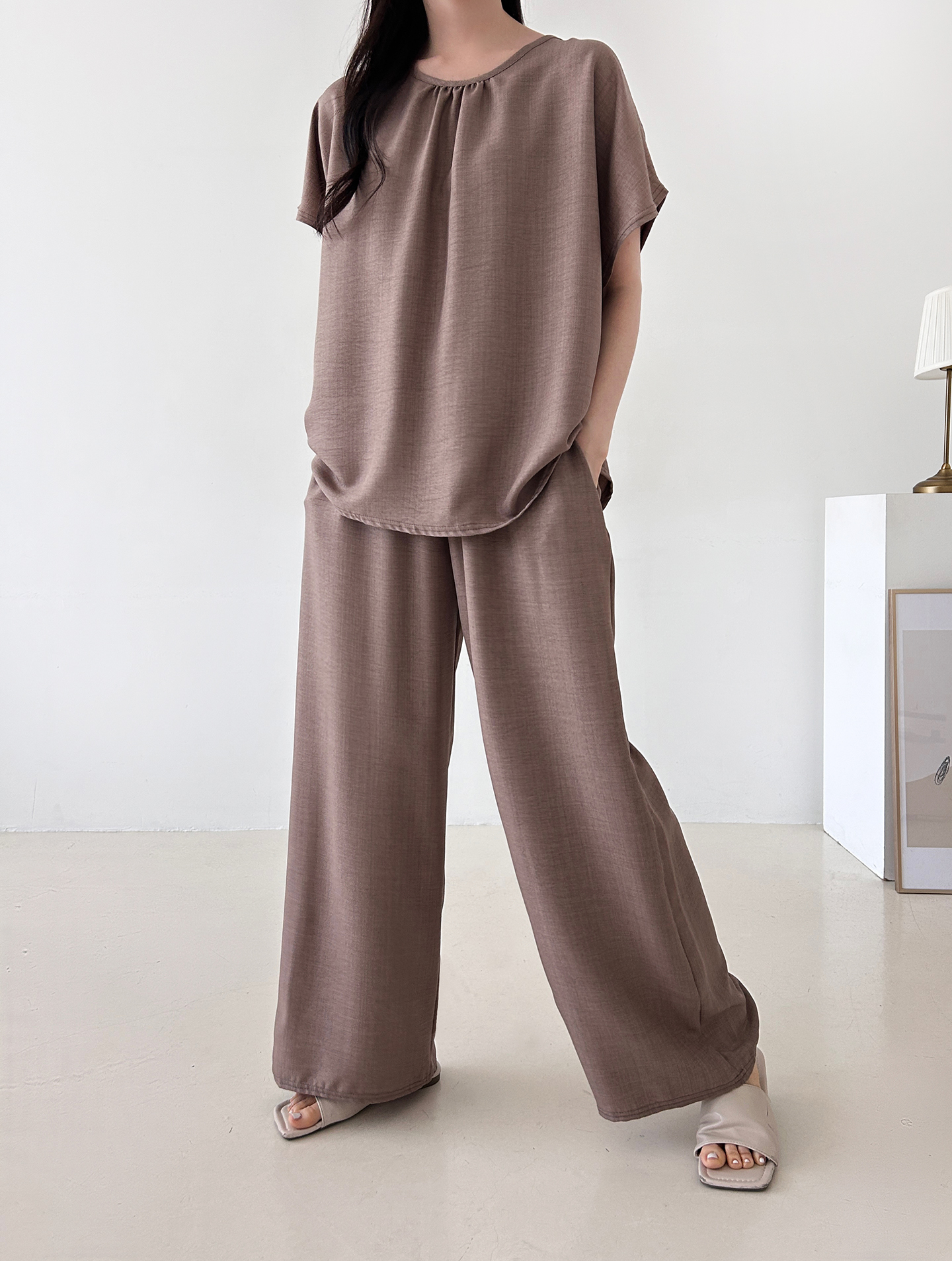 ラウンドネックシャーリングウエストゴムオーバーサイズロング半袖ツーピース(トップス、ボトムス)パンツTシャツ | 詳細画像39