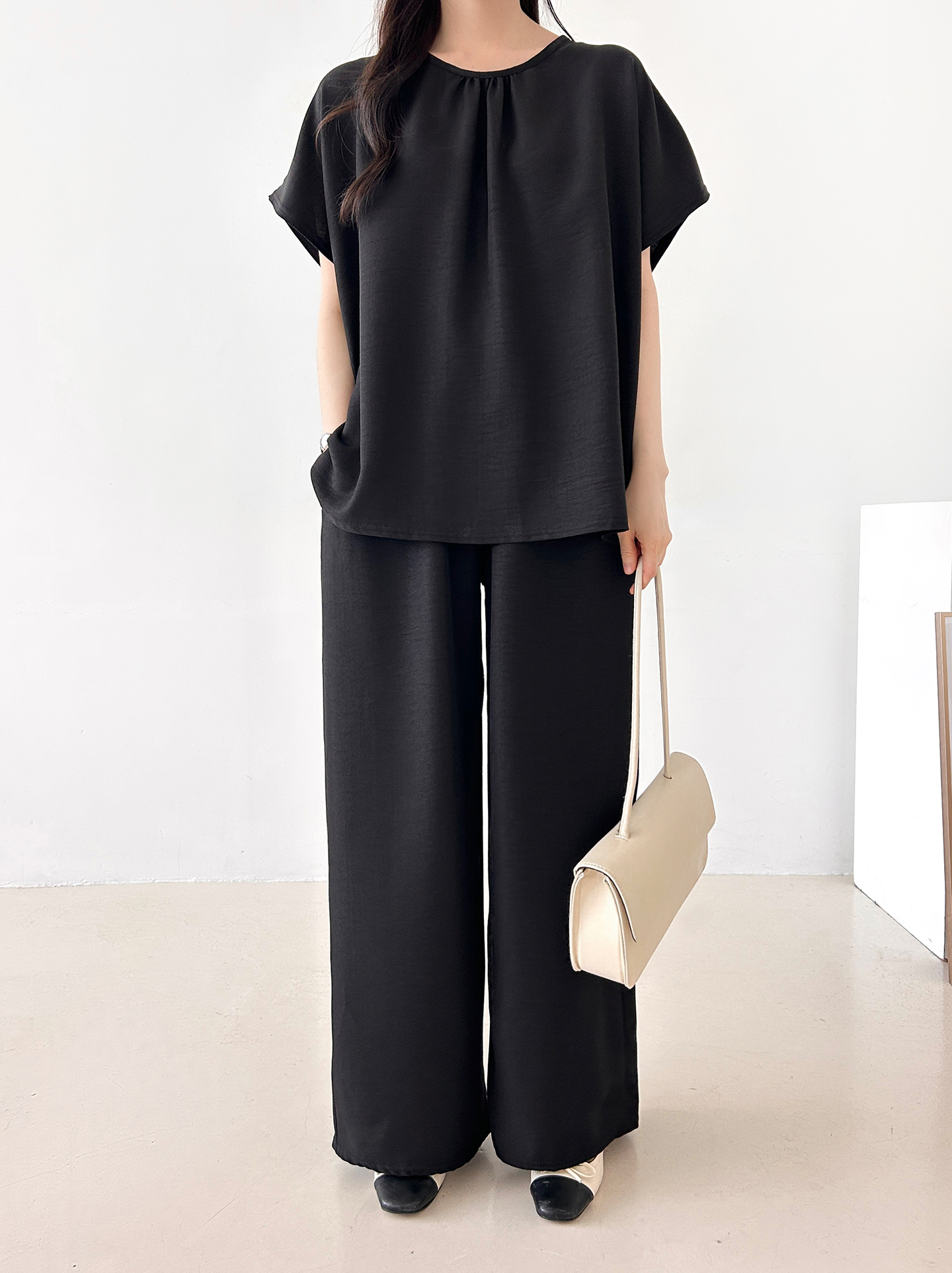 ラウンドネックシャーリングウエストゴムオーバーサイズロング半袖ツーピース(トップス、ボトムス)パンツTシャツ | 詳細画像28