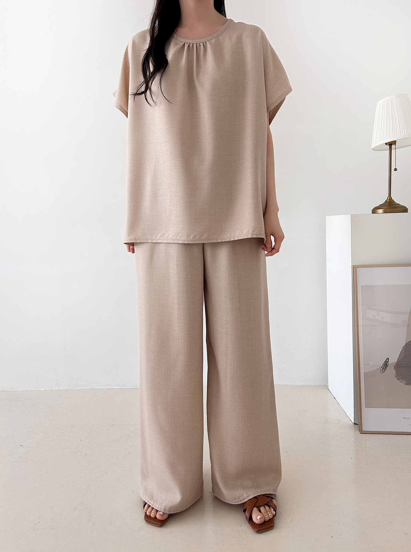 ラウンドネックシャーリングウエストゴムオーバーサイズロング半袖ツーピース(トップス、ボトムス)パンツTシャツ | 詳細画像21
