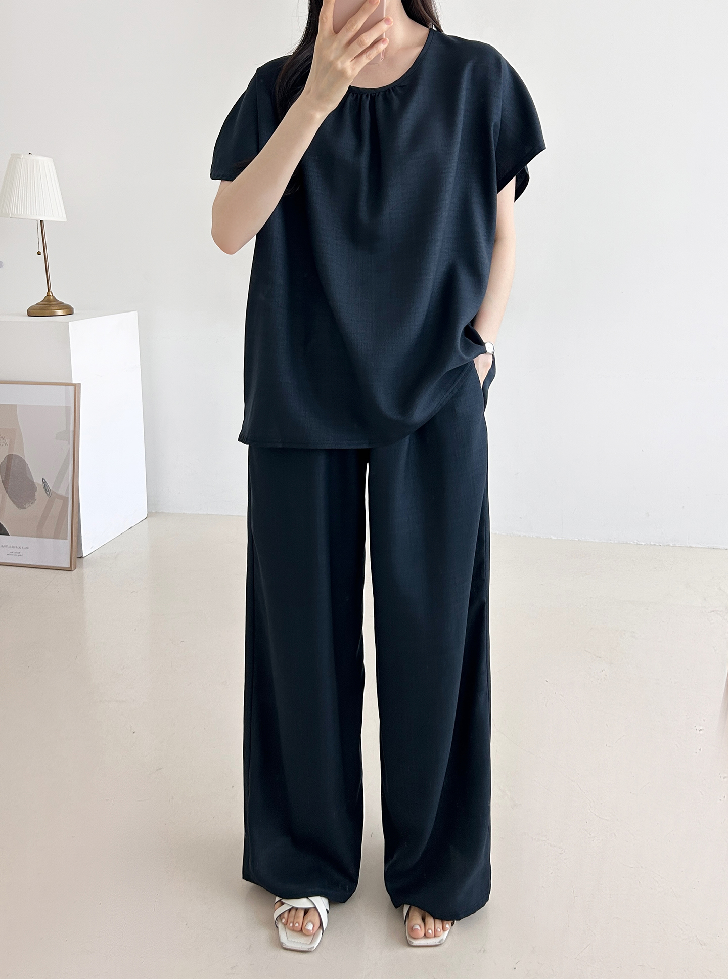 ラウンドネックシャーリングウエストゴムオーバーサイズロング半袖ツーピース(トップス、ボトムス)パンツTシャツ | 詳細画像7