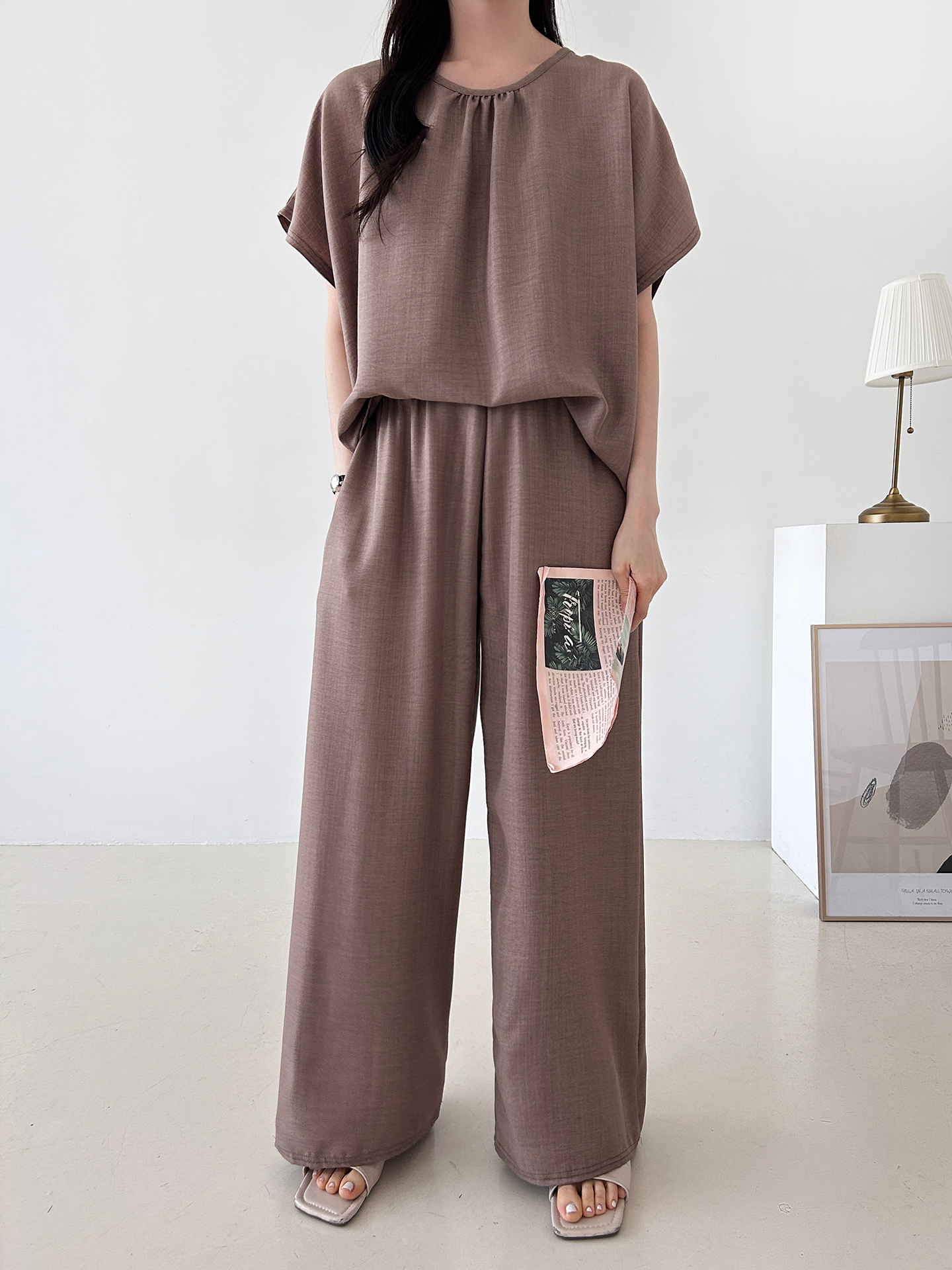 ラウンドネックシャーリングウエストゴムオーバーサイズロング半袖ツーピース(トップス、ボトムス)パンツTシャツ | 詳細画像40