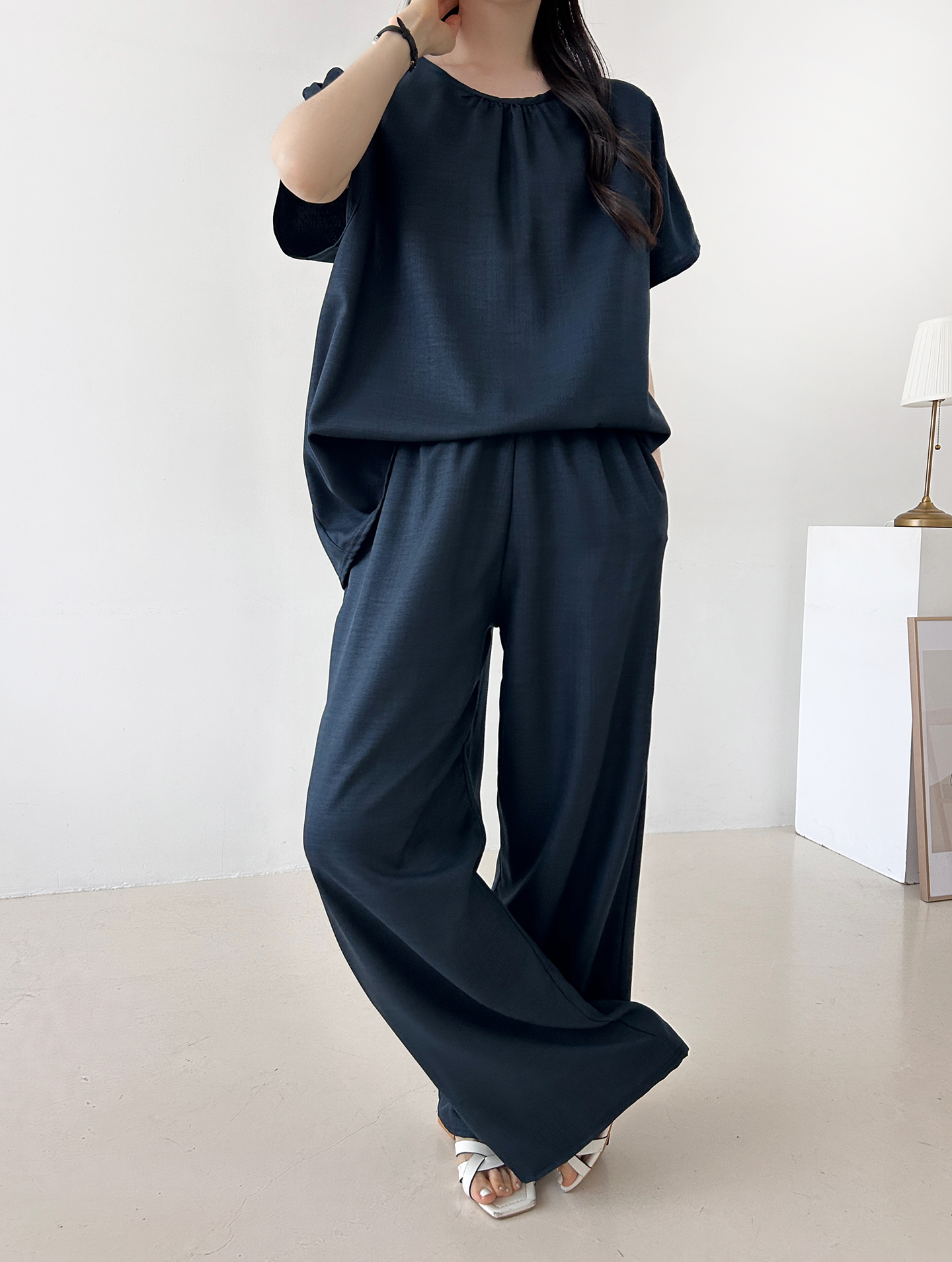 ラウンドネックシャーリングウエストゴムオーバーサイズロング半袖ツーピース(トップス、ボトムス)パンツTシャツ | 詳細画像4