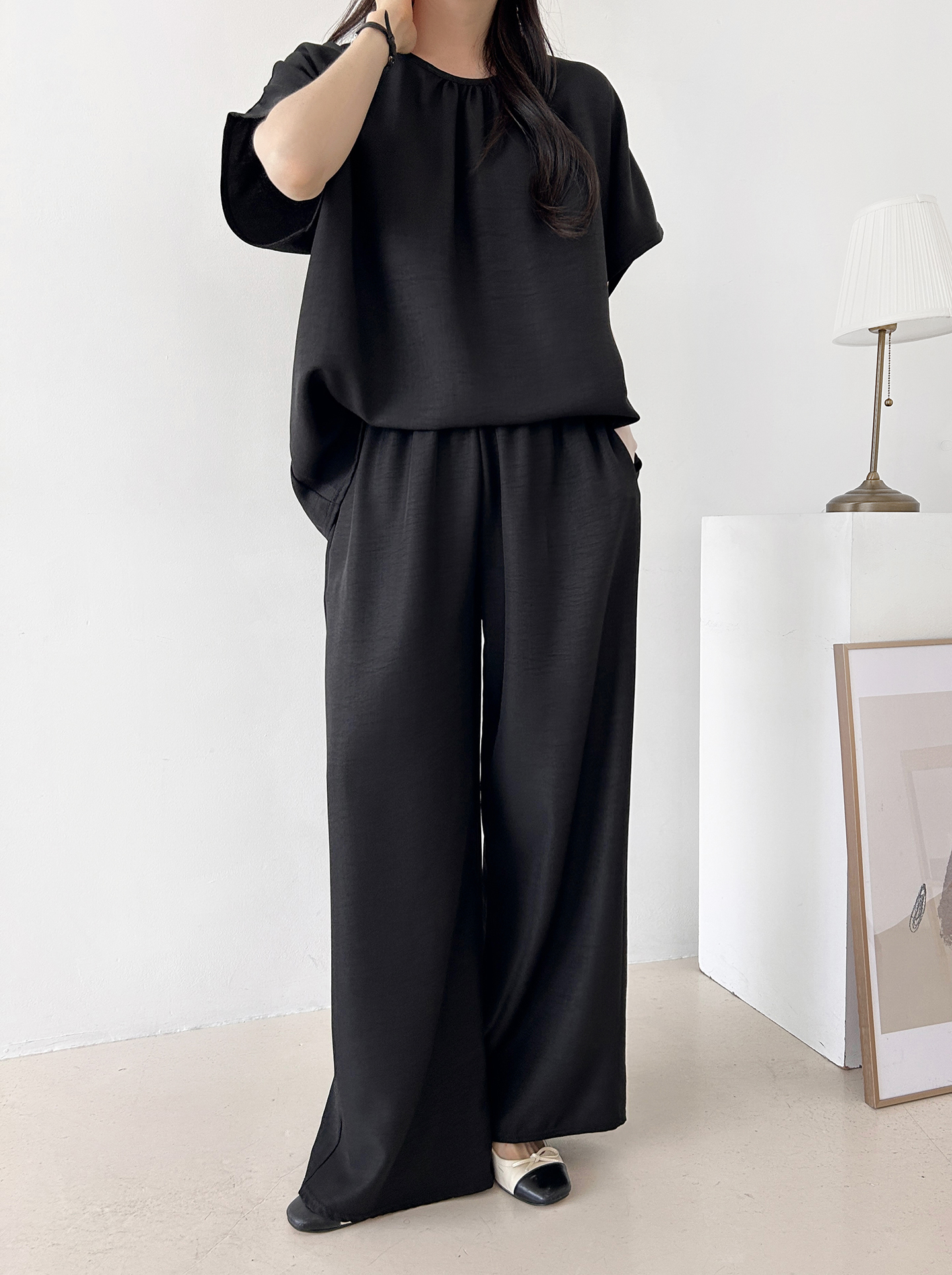 ラウンドネックシャーリングウエストゴムオーバーサイズロング半袖ツーピース(トップス、ボトムス)パンツTシャツ | 詳細画像31