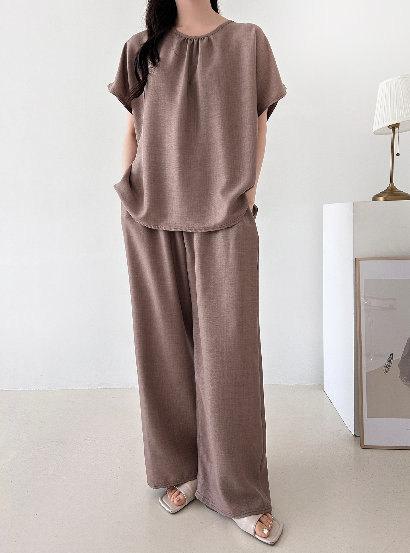 ラウンドネックシャーリングウエストゴムオーバーサイズロング半袖ツーピース(トップス、ボトムス)パンツTシャツ | 詳細画像41