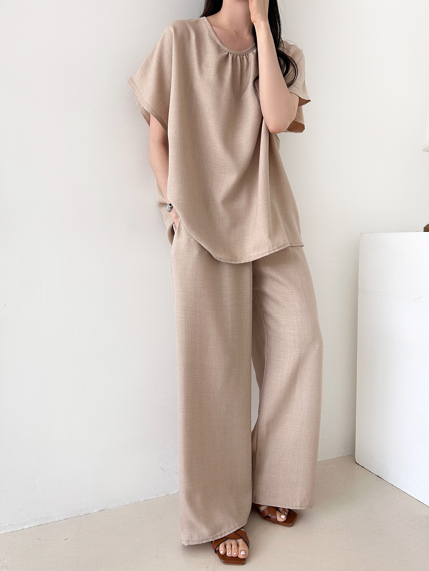 ラウンドネックシャーリングウエストゴムオーバーサイズロング半袖ツーピース(トップス、ボトムス)パンツTシャツ | 詳細画像13