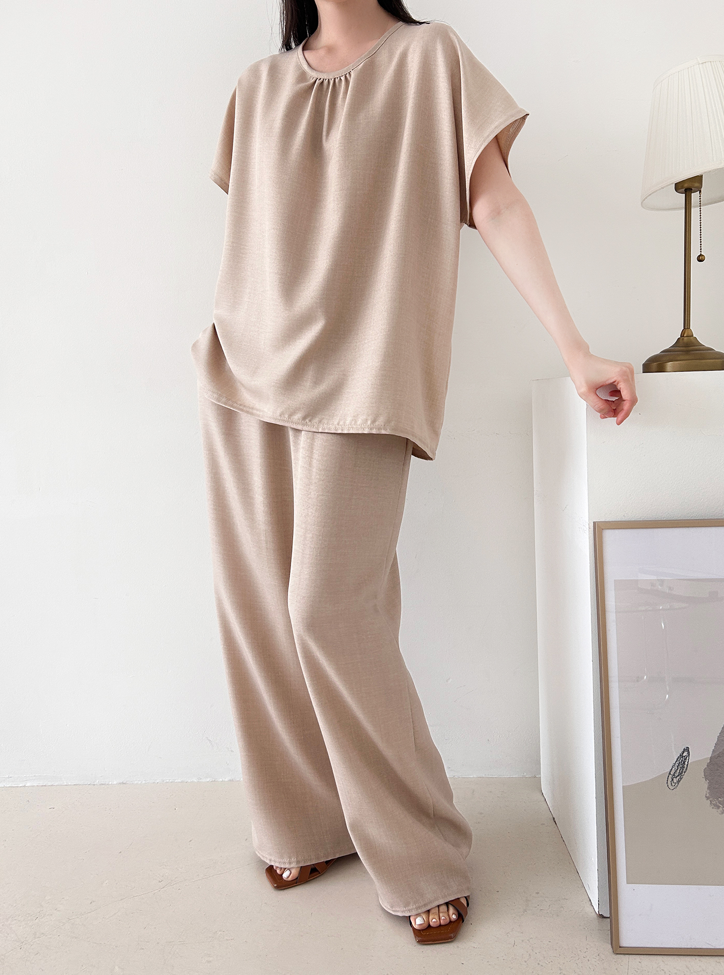 ラウンドネックシャーリングウエストゴムオーバーサイズロング半袖ツーピース(トップス、ボトムス)パンツTシャツ | 詳細画像20