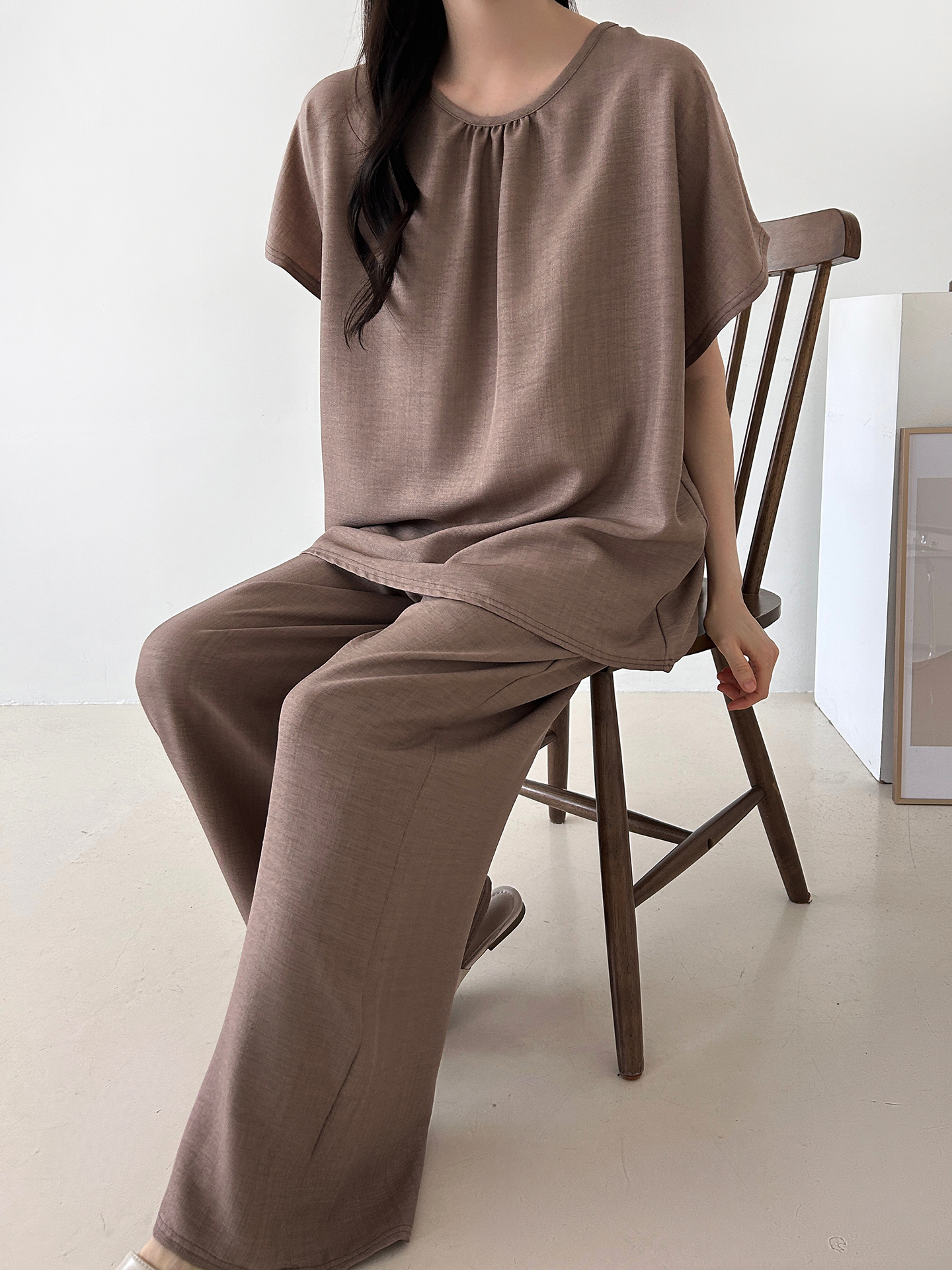 ラウンドネックシャーリングウエストゴムオーバーサイズロング半袖ツーピース(トップス、ボトムス)パンツTシャツ | 詳細画像44