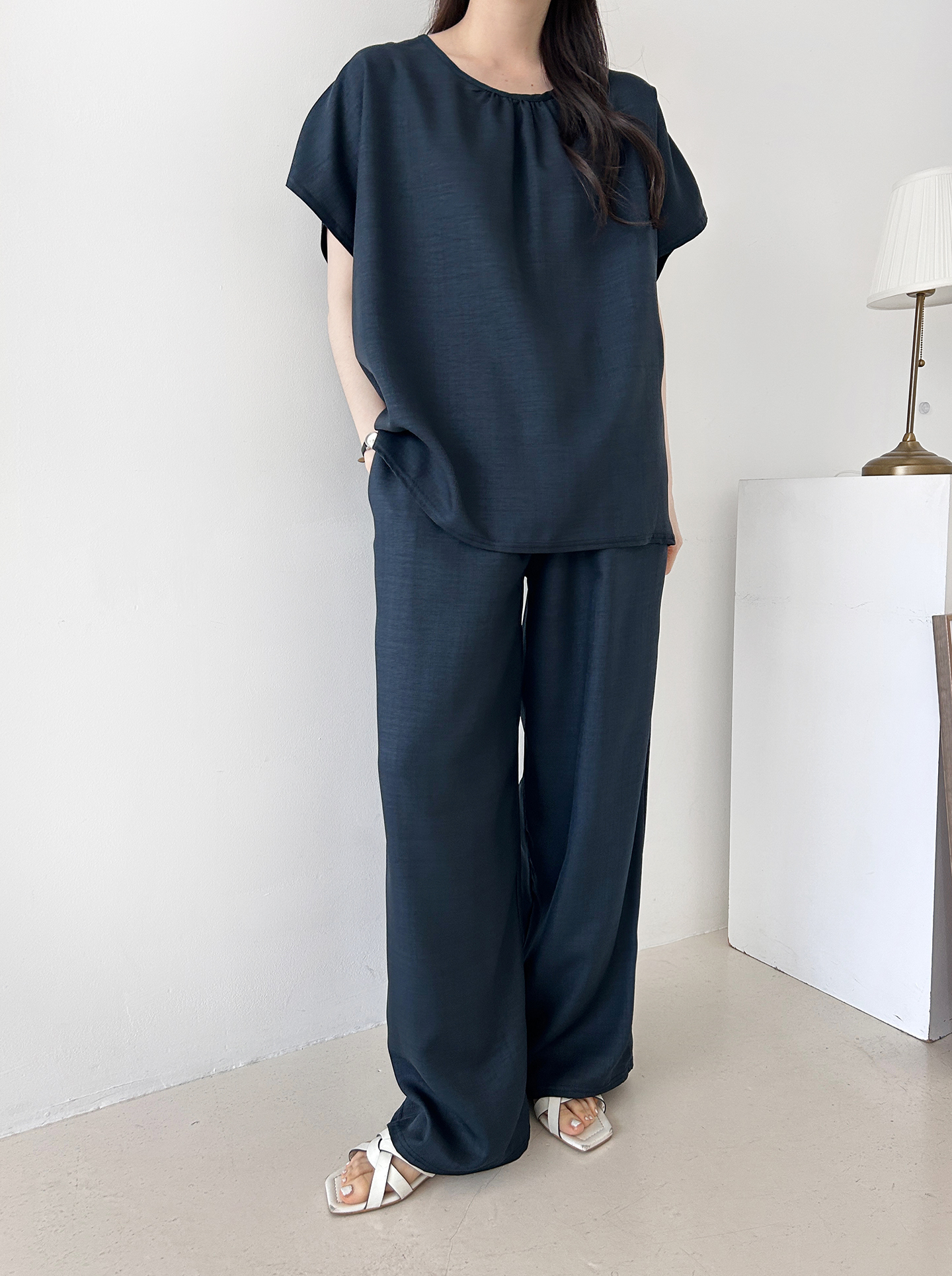 ラウンドネックシャーリングウエストゴムオーバーサイズロング半袖ツーピース(トップス、ボトムス)パンツTシャツ | 詳細画像10