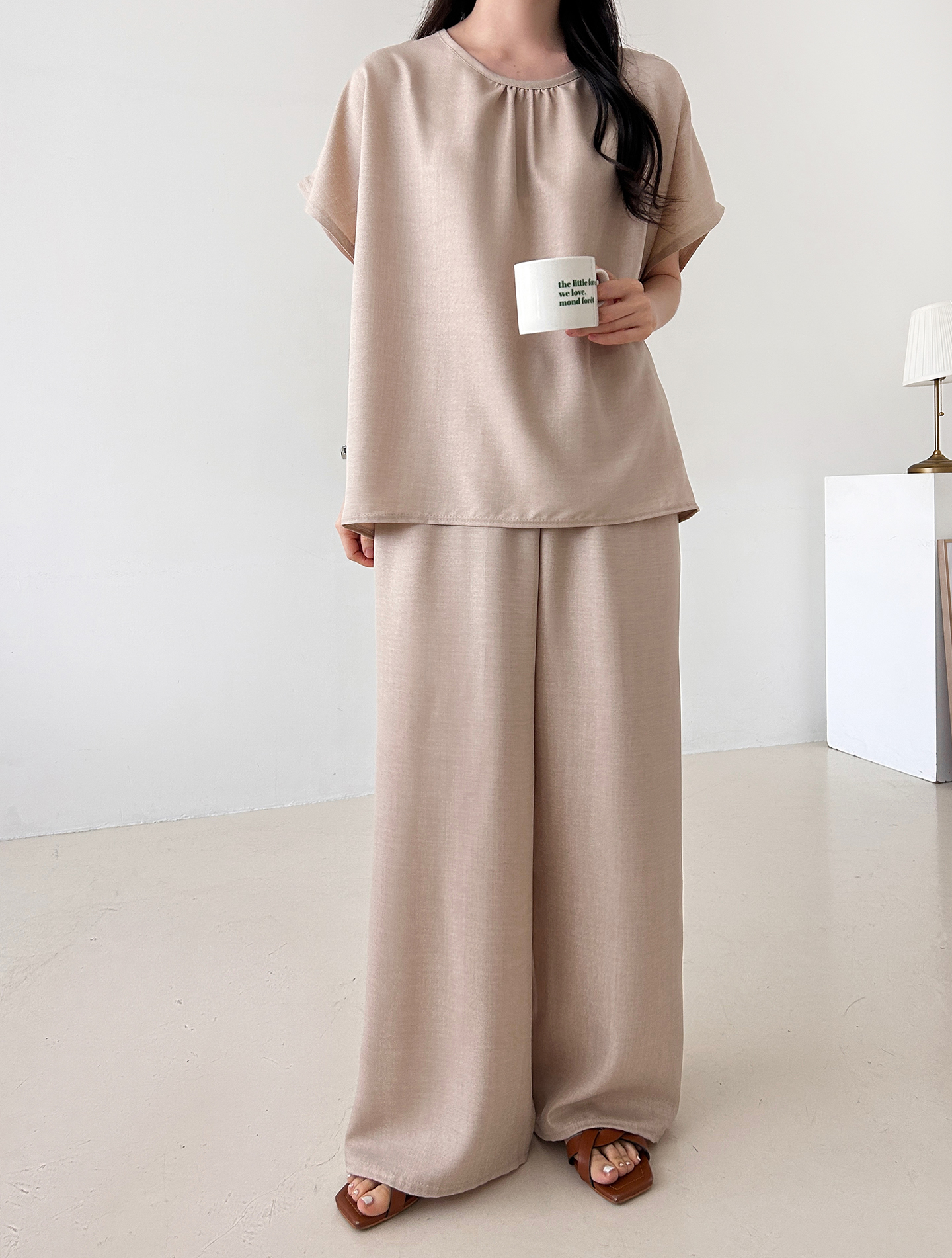 ラウンドネックシャーリングウエストゴムオーバーサイズロング半袖ツーピース(トップス、ボトムス)パンツTシャツ | 詳細画像22