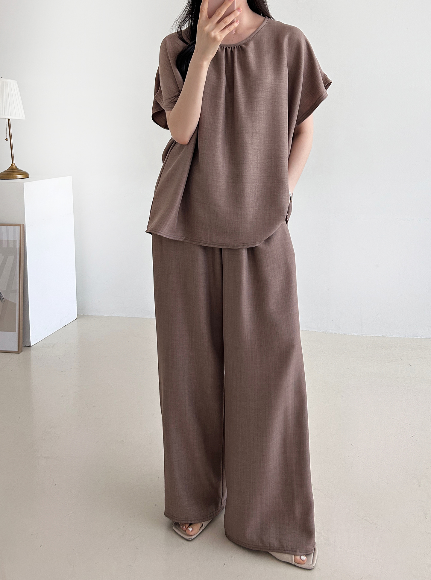 ラウンドネックシャーリングウエストゴムオーバーサイズロング半袖ツーピース(トップス、ボトムス)パンツTシャツ | 詳細画像42