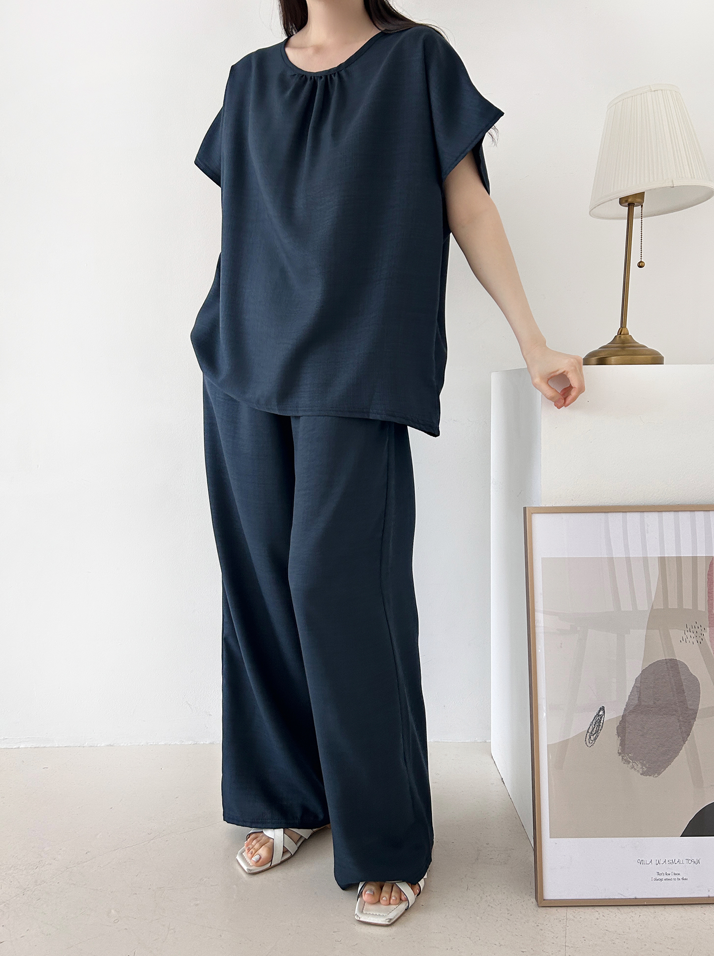 ラウンドネックシャーリングウエストゴムオーバーサイズロング半袖ツーピース(トップス、ボトムス)パンツTシャツ | 詳細画像8