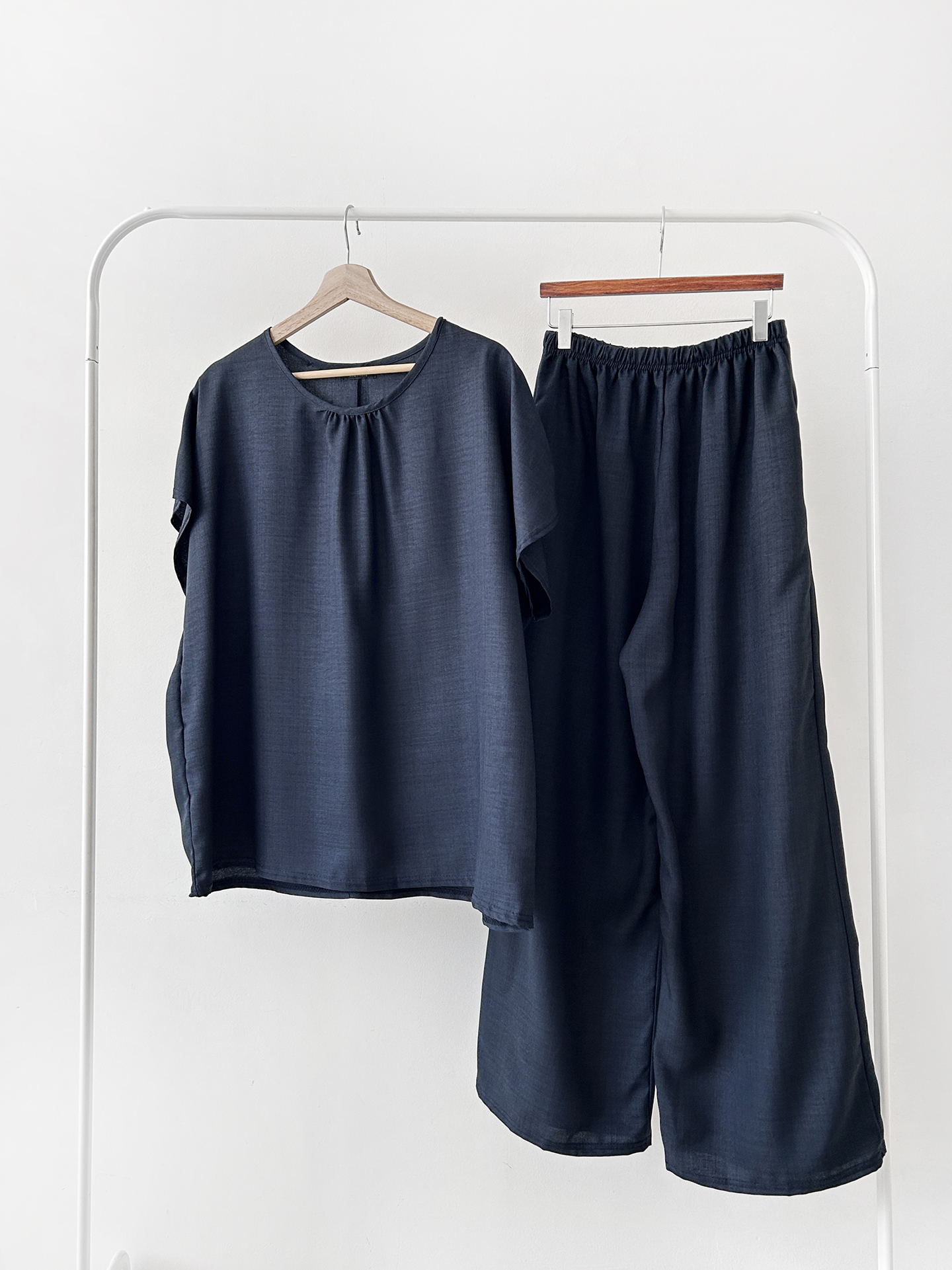ラウンドネックシャーリングウエストゴムオーバーサイズロング半袖ツーピース(トップス、ボトムス)パンツTシャツ | 詳細画像48