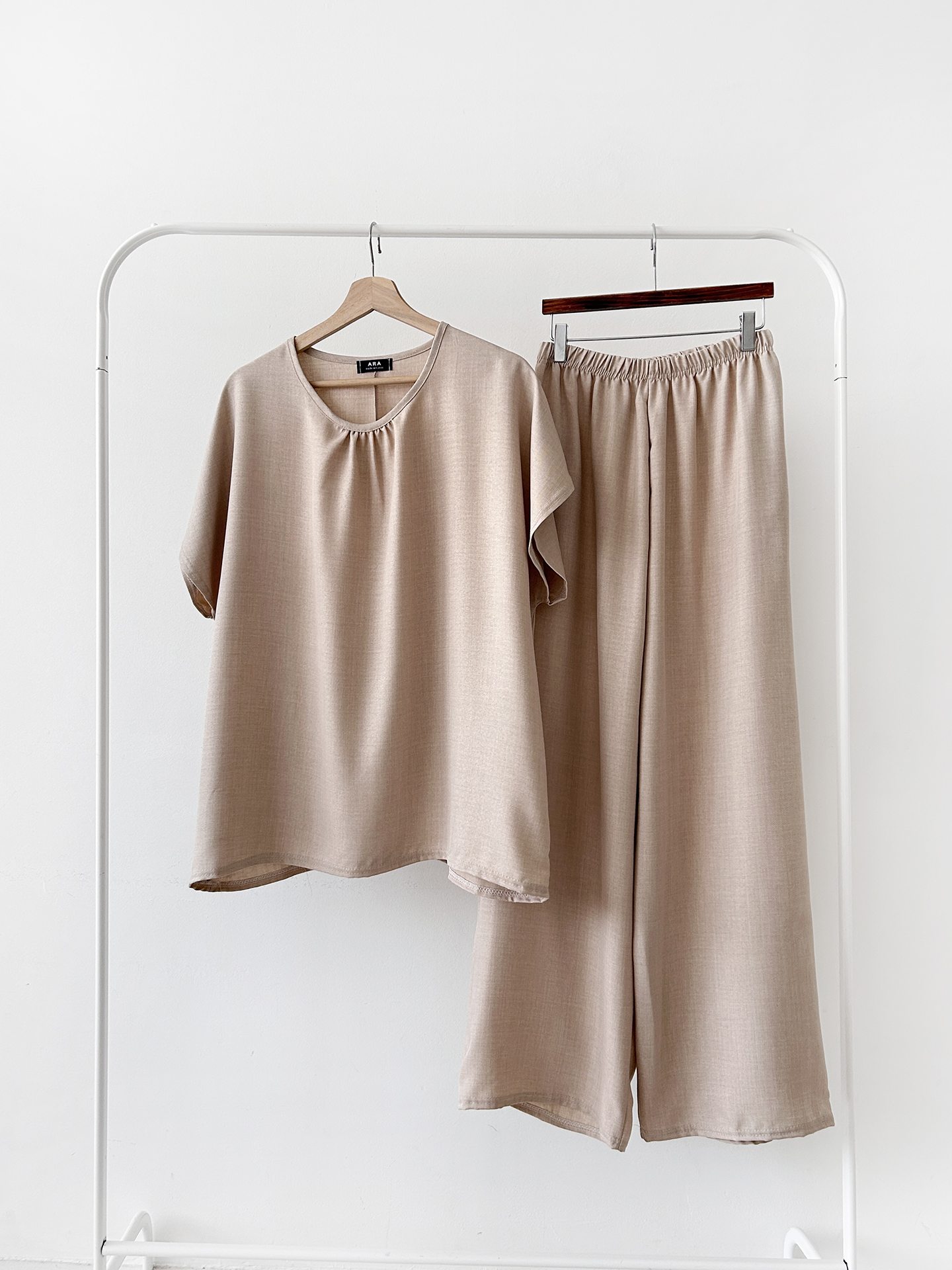 ラウンドネックシャーリングウエストゴムオーバーサイズロング半袖ツーピース(トップス、ボトムス)パンツTシャツ | 詳細画像46