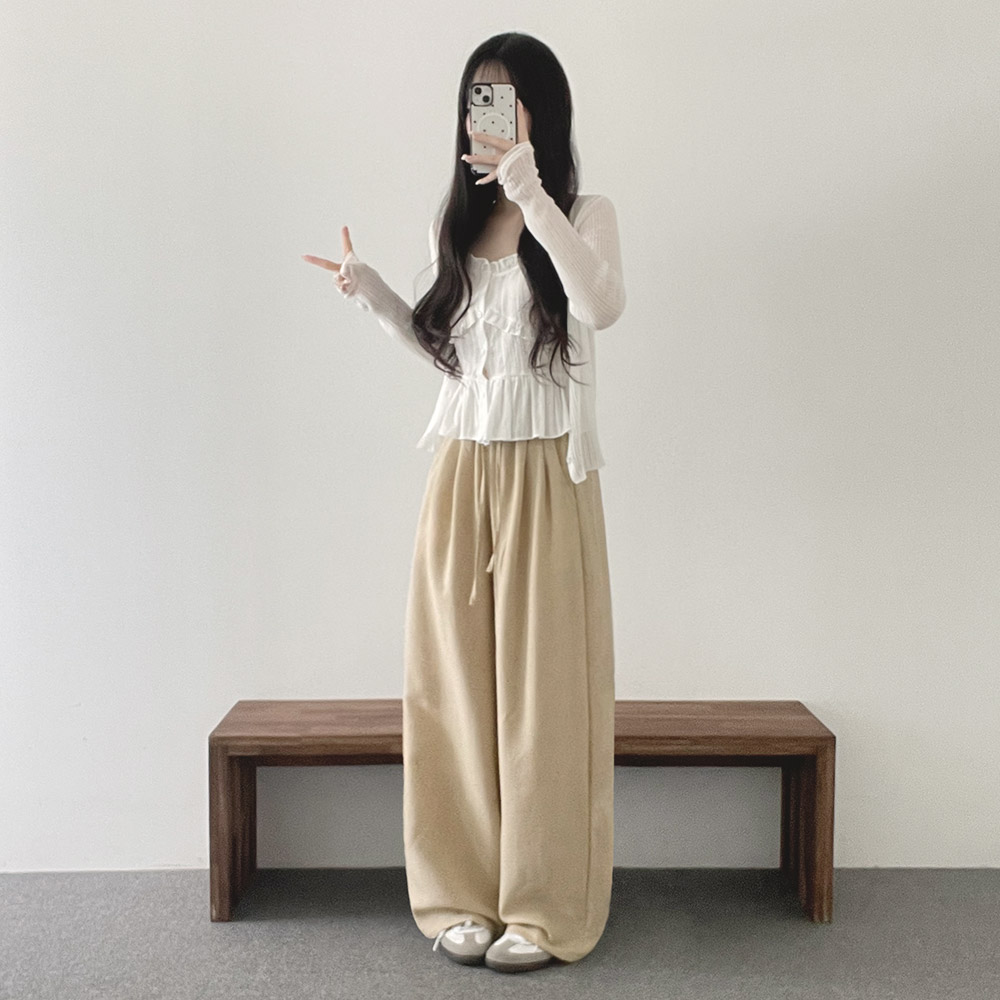 リネン混ウエストゴムストレートポケットギャザーパンツ[選べる丈
