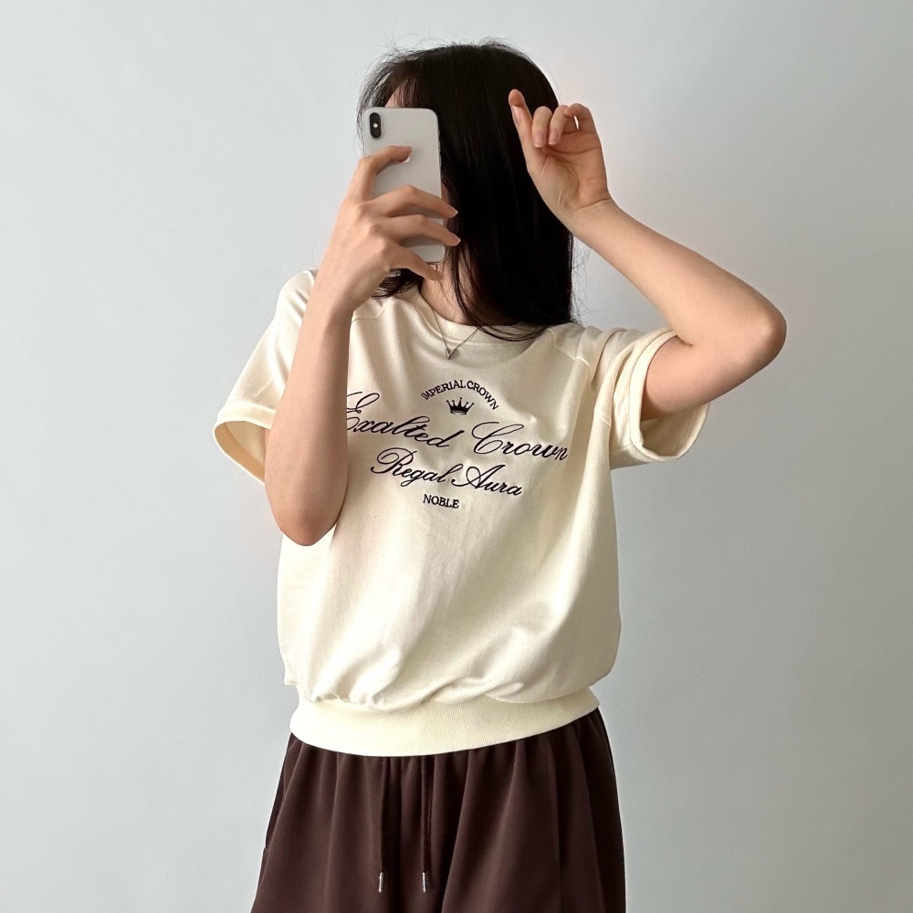 コットンラウンドネックラグラン半袖レタリング刺繍スウェット | 詳細画像2