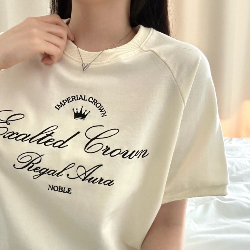 コットンラウンドネックラグラン半袖レタリング刺繍スウェット | 詳細画像3