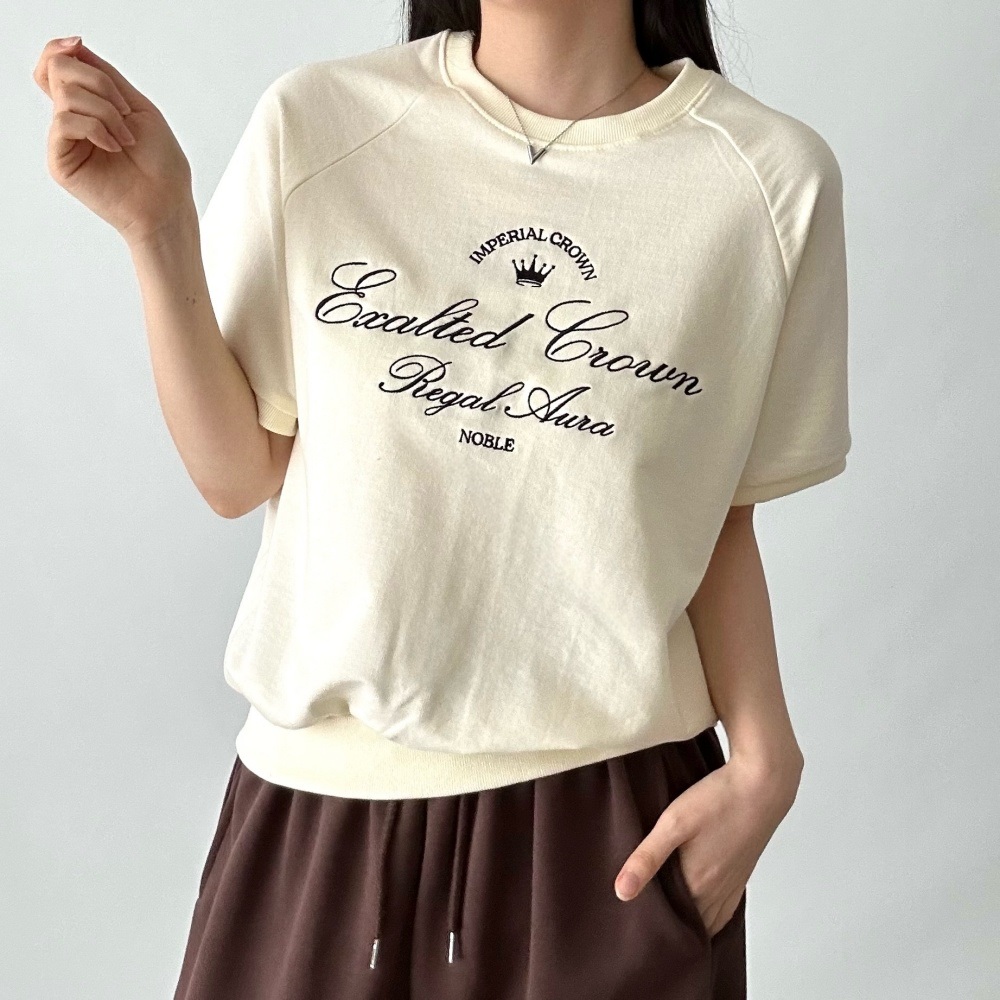 コットンラウンドネックラグラン半袖レタリング刺繍スウェット | 詳細画像4