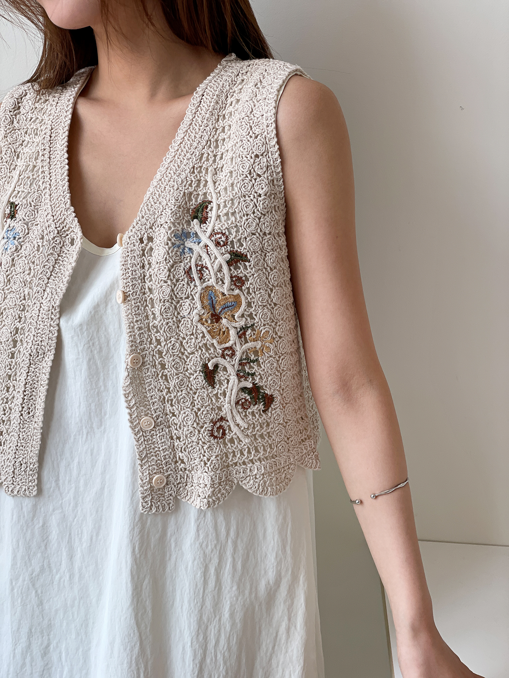 ボタンVネックスリム刺繍刺繍ベスト | 詳細画像12
