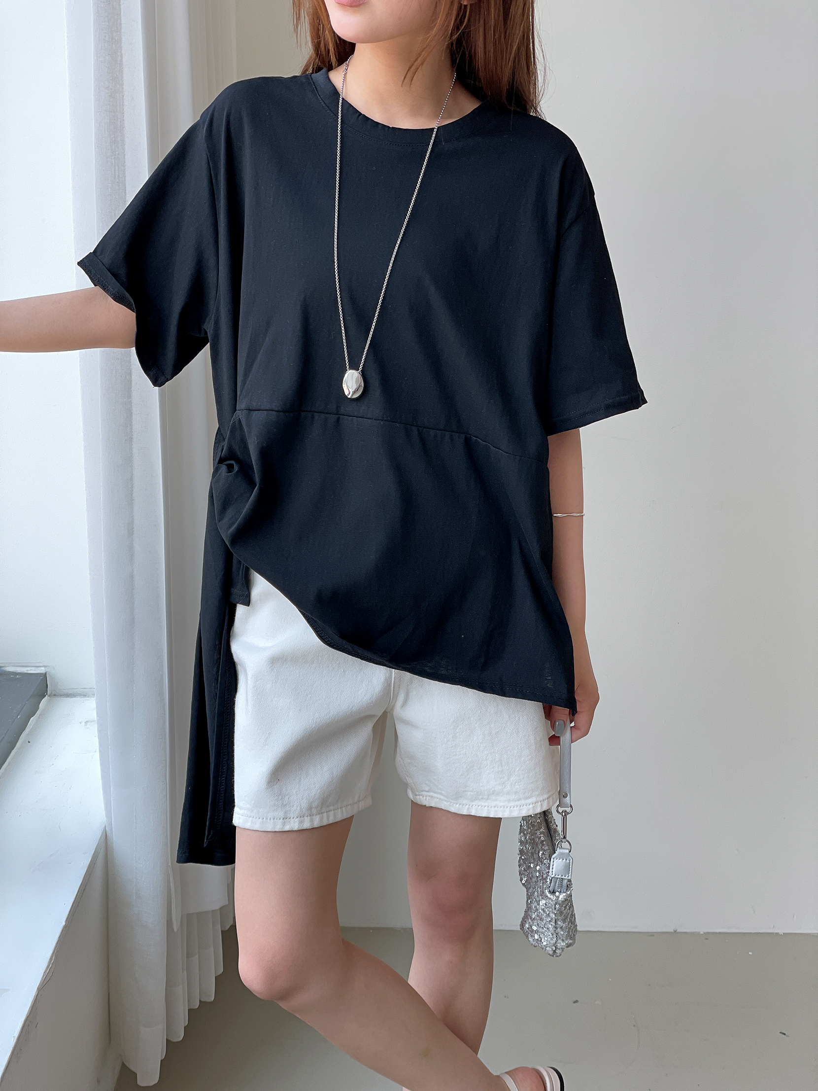 リボン(固定)ラウンドネックラインオーバーサイズ無地Tシャツ | 詳細画像5