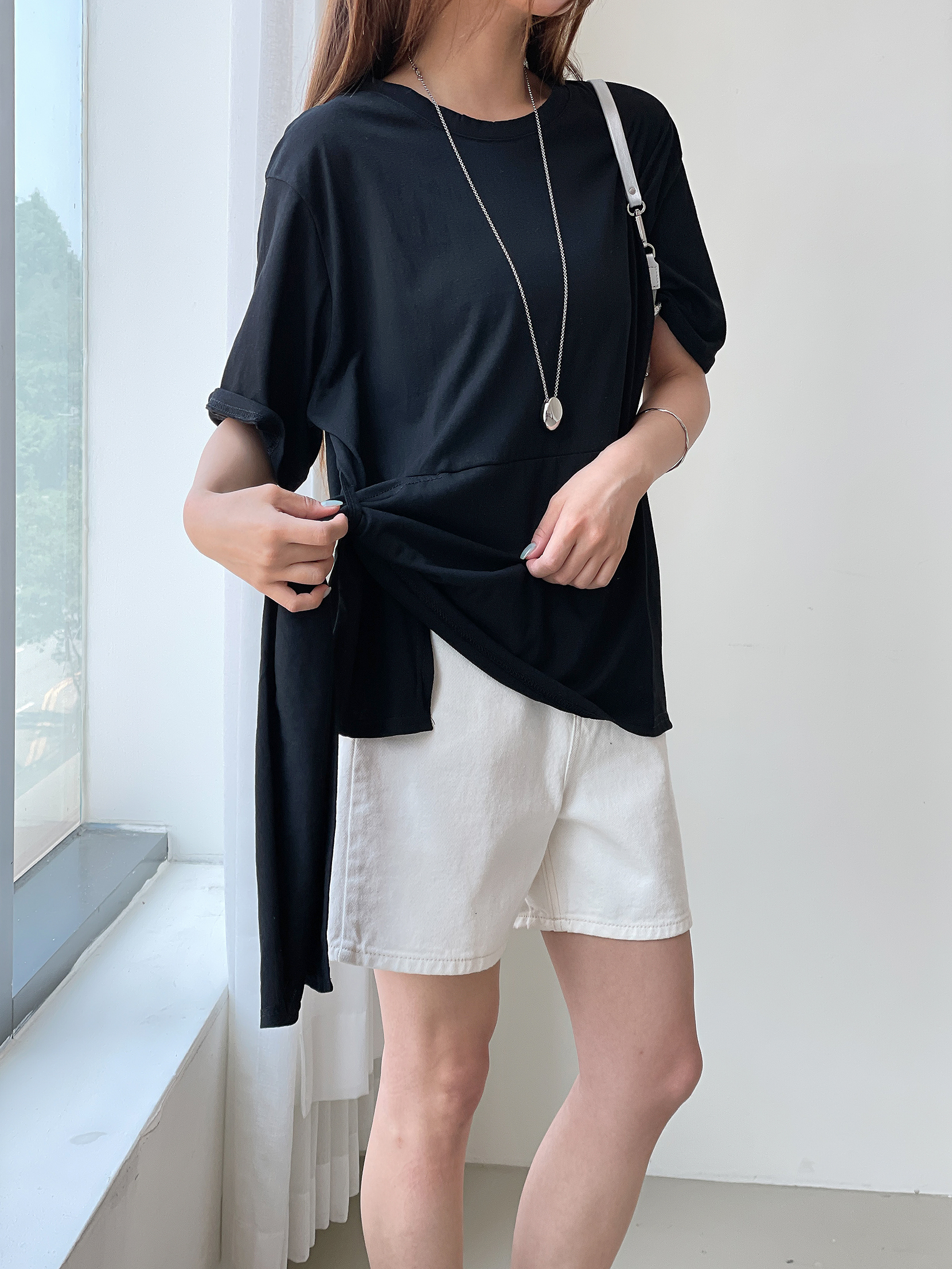リボン(固定)ラウンドネックラインオーバーサイズ無地Tシャツ | 詳細画像6