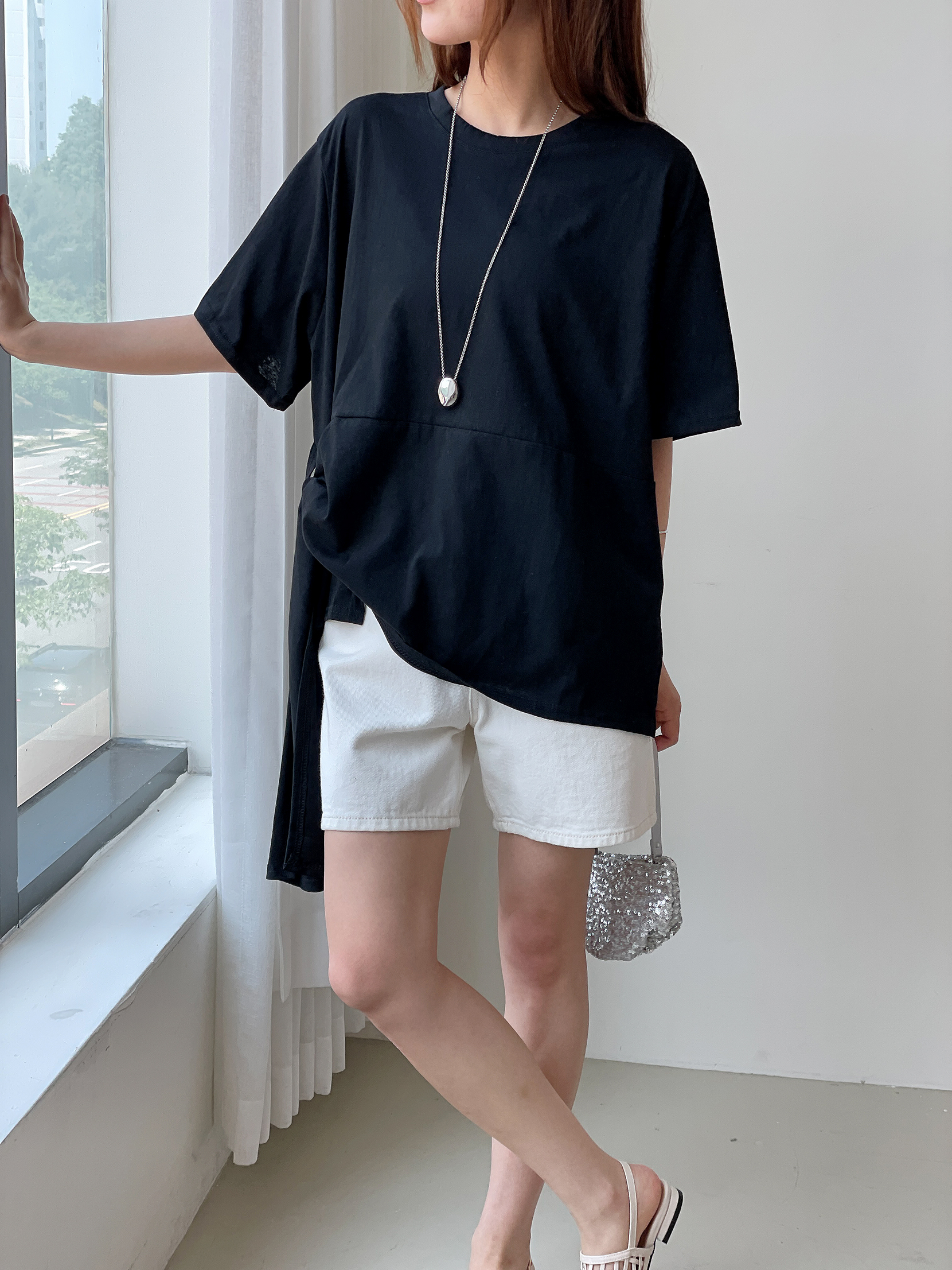 リボン(固定)ラウンドネックラインオーバーサイズ無地Tシャツ | 詳細画像7