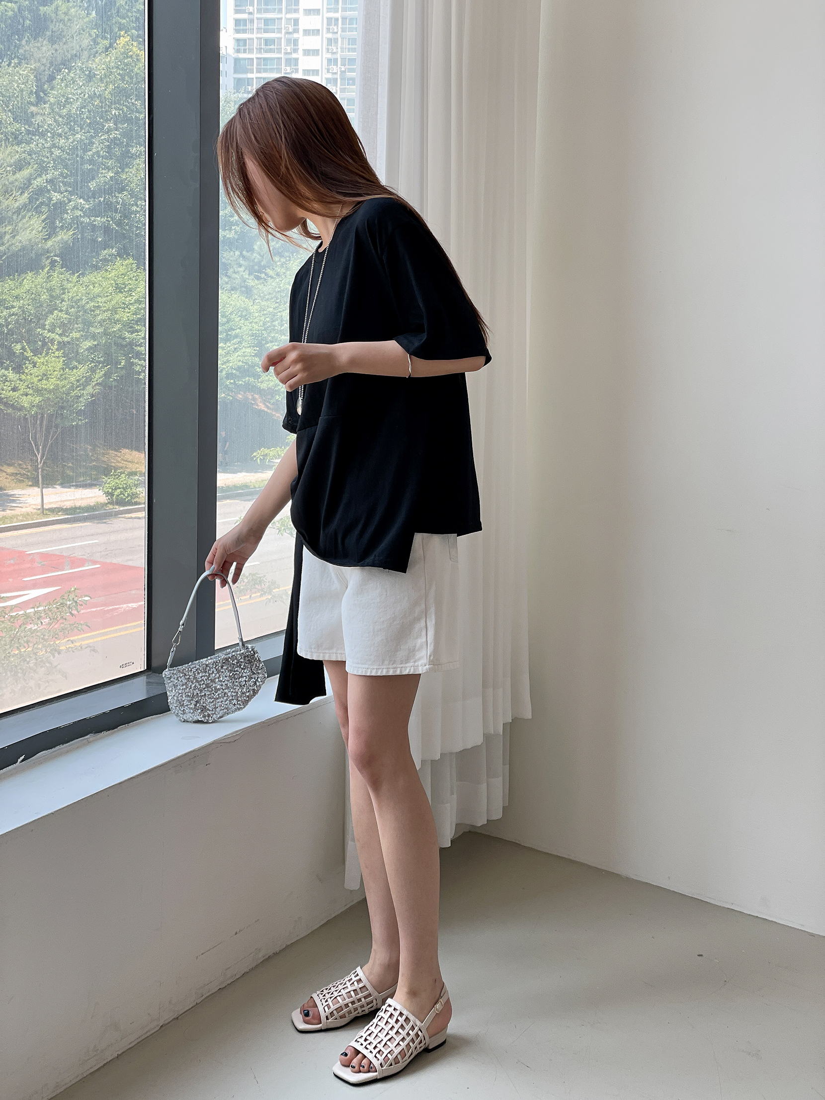 リボン(固定)ラウンドネックラインオーバーサイズ無地Tシャツ | 詳細画像8