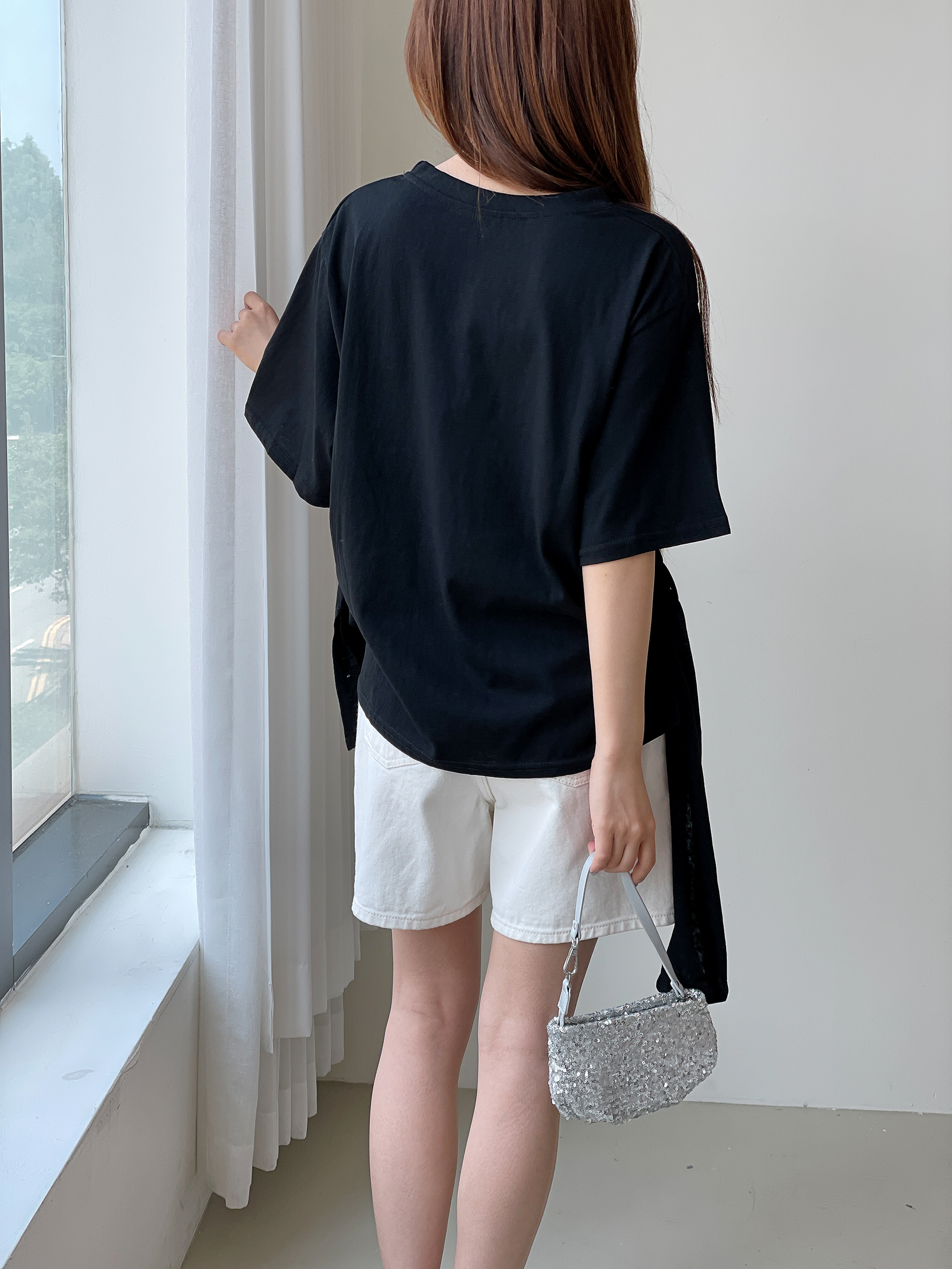 リボン(固定)ラウンドネックラインオーバーサイズ無地Tシャツ | 詳細画像12