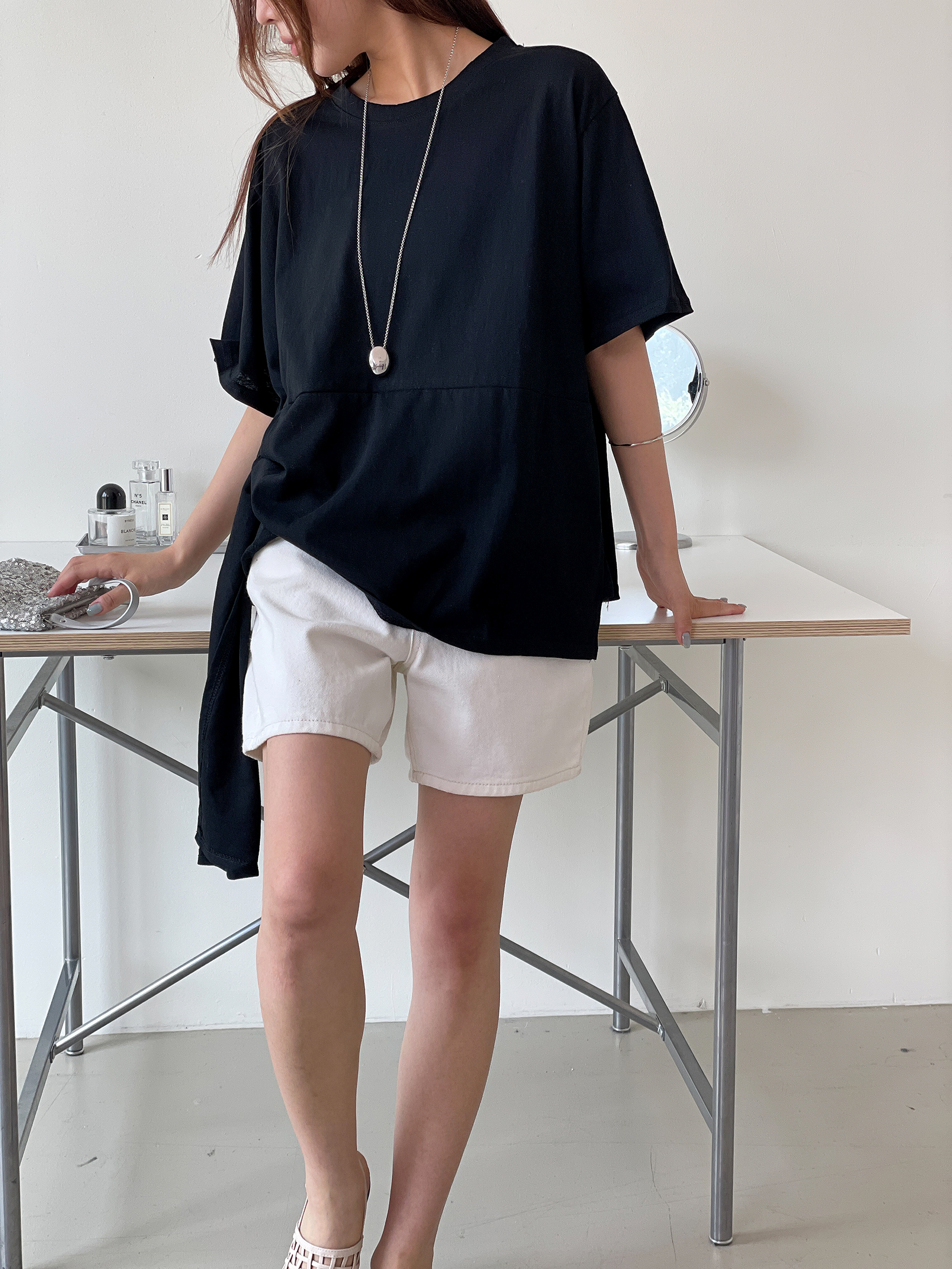 リボン(固定)ラウンドネックラインオーバーサイズ無地Tシャツ | 詳細画像15