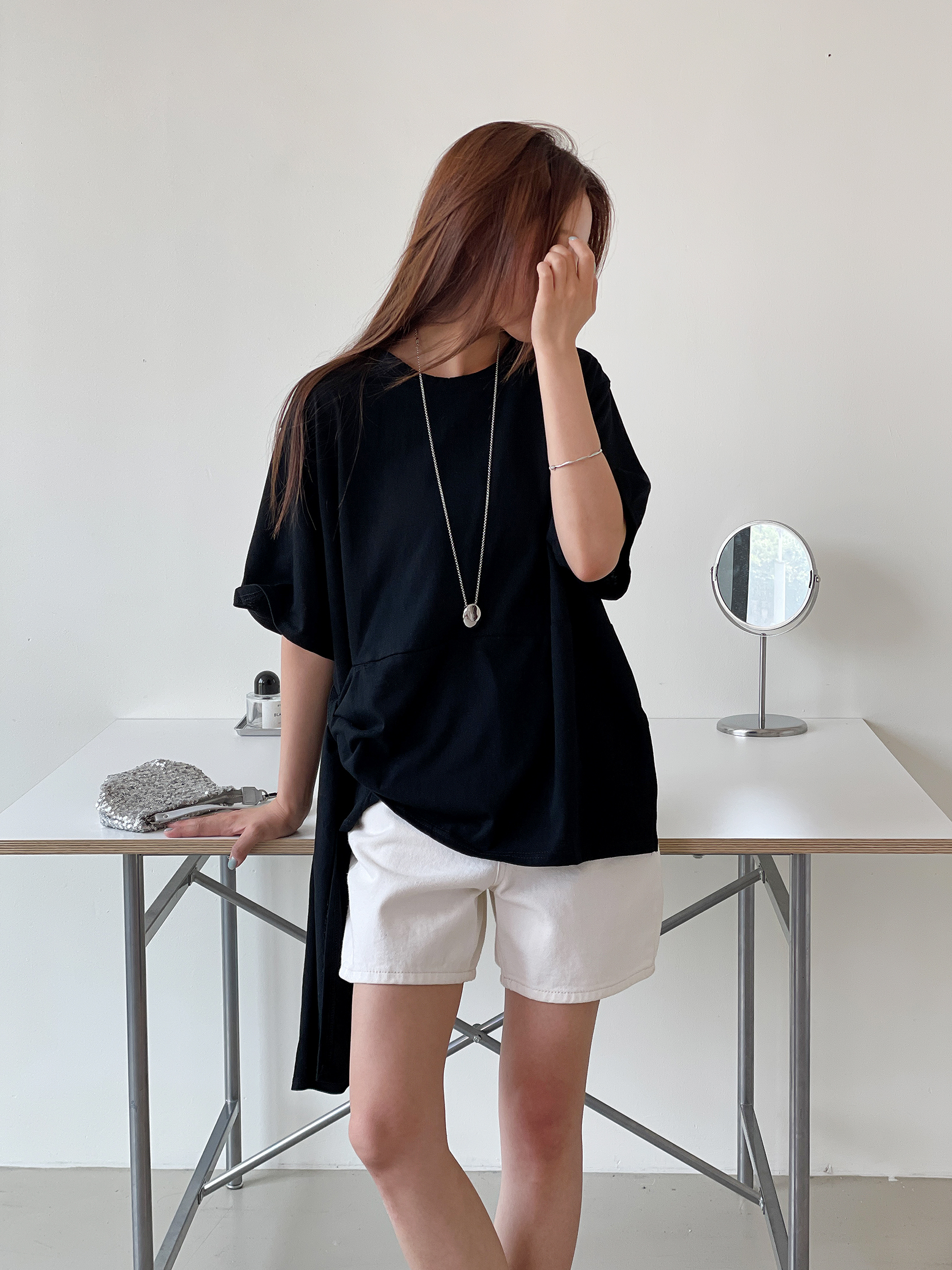 リボン(固定)ラウンドネックラインオーバーサイズ無地Tシャツ | 詳細画像17