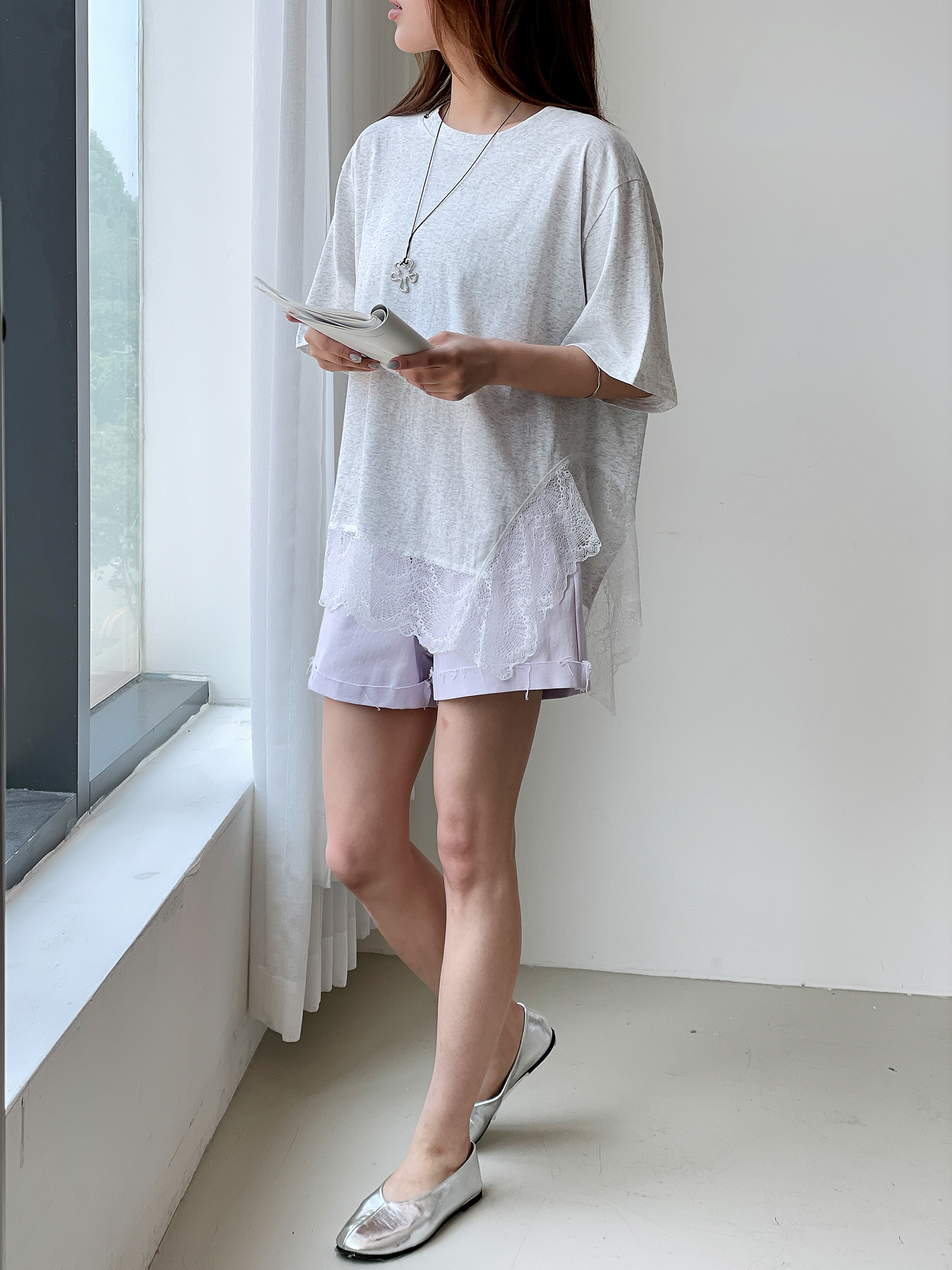 レースラウンドネックオーバーサイズドロップショルダーレースTシャツ | 詳細画像3