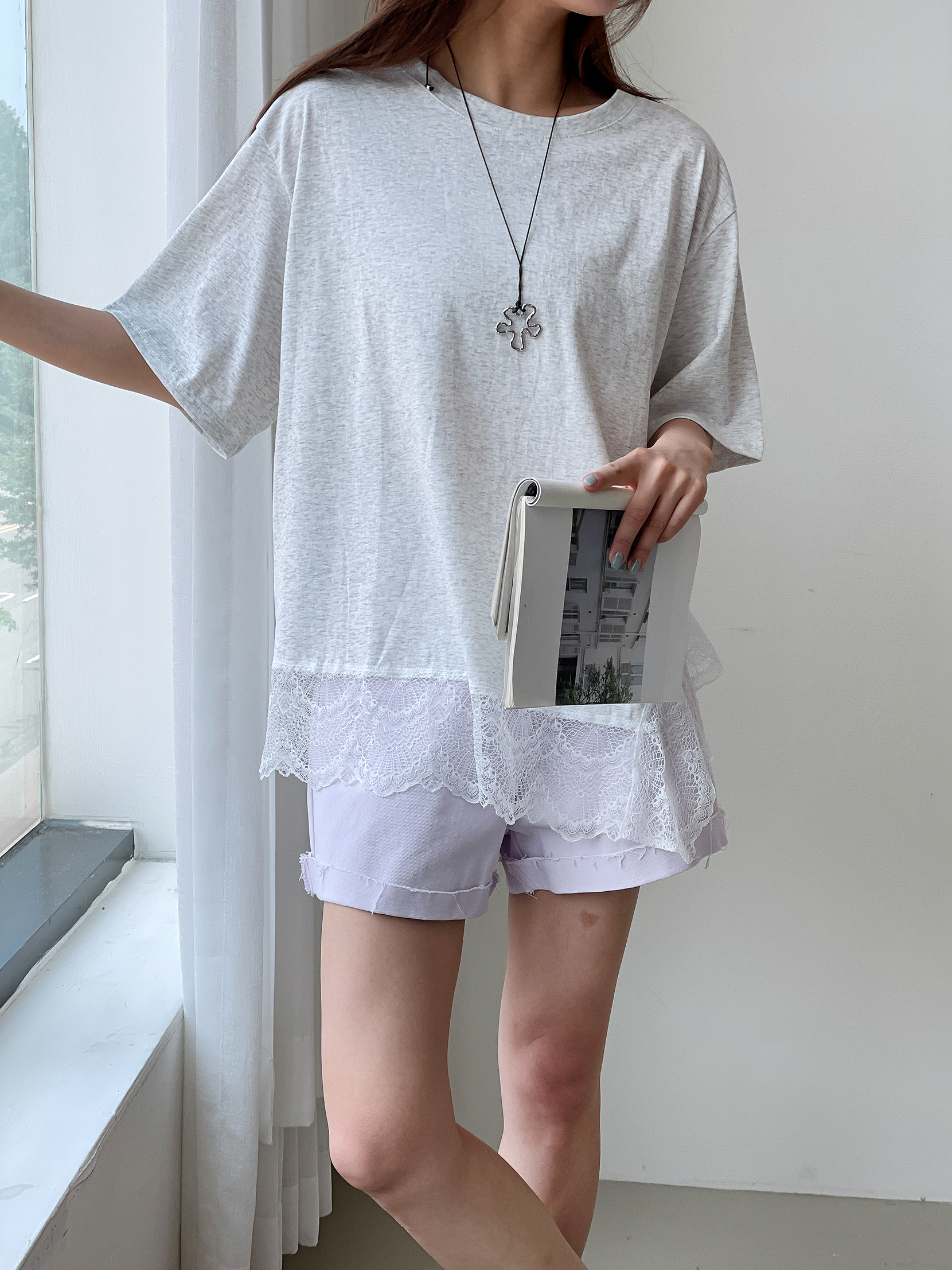 レースラウンドネックオーバーサイズドロップショルダーレースTシャツ | 詳細画像5