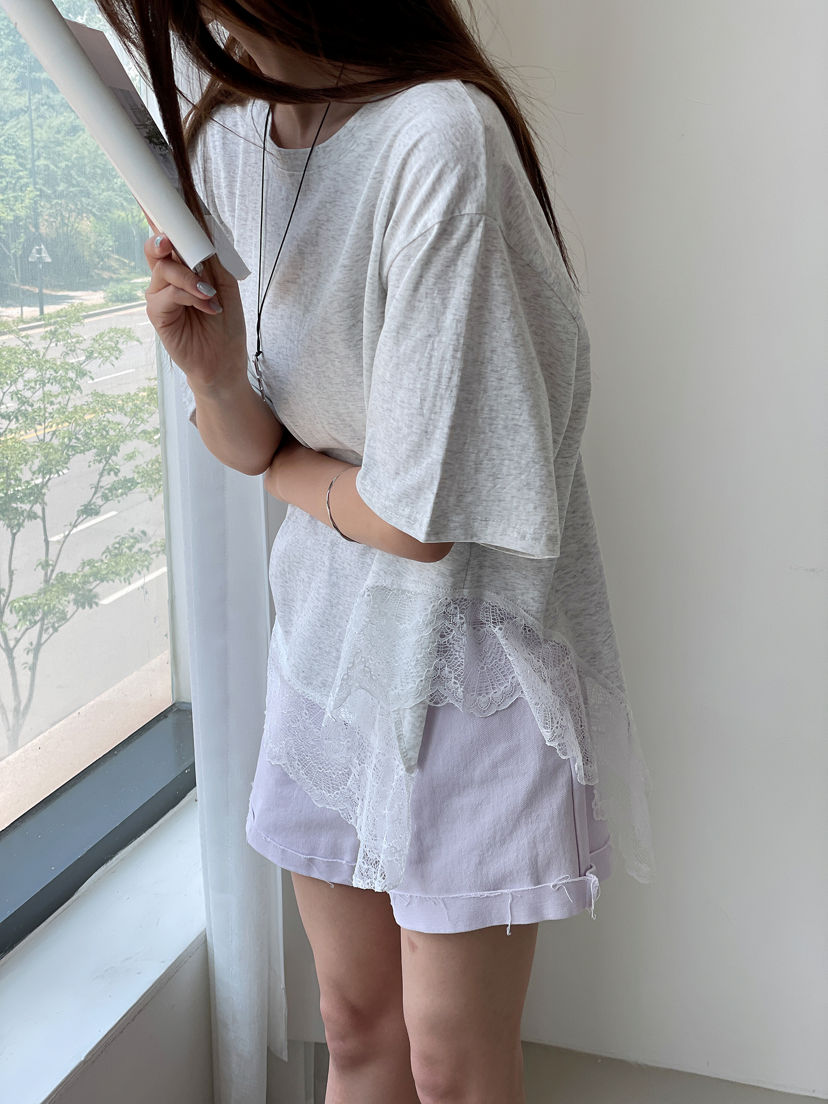 レースラウンドネックオーバーサイズドロップショルダーレースTシャツ | 詳細画像6