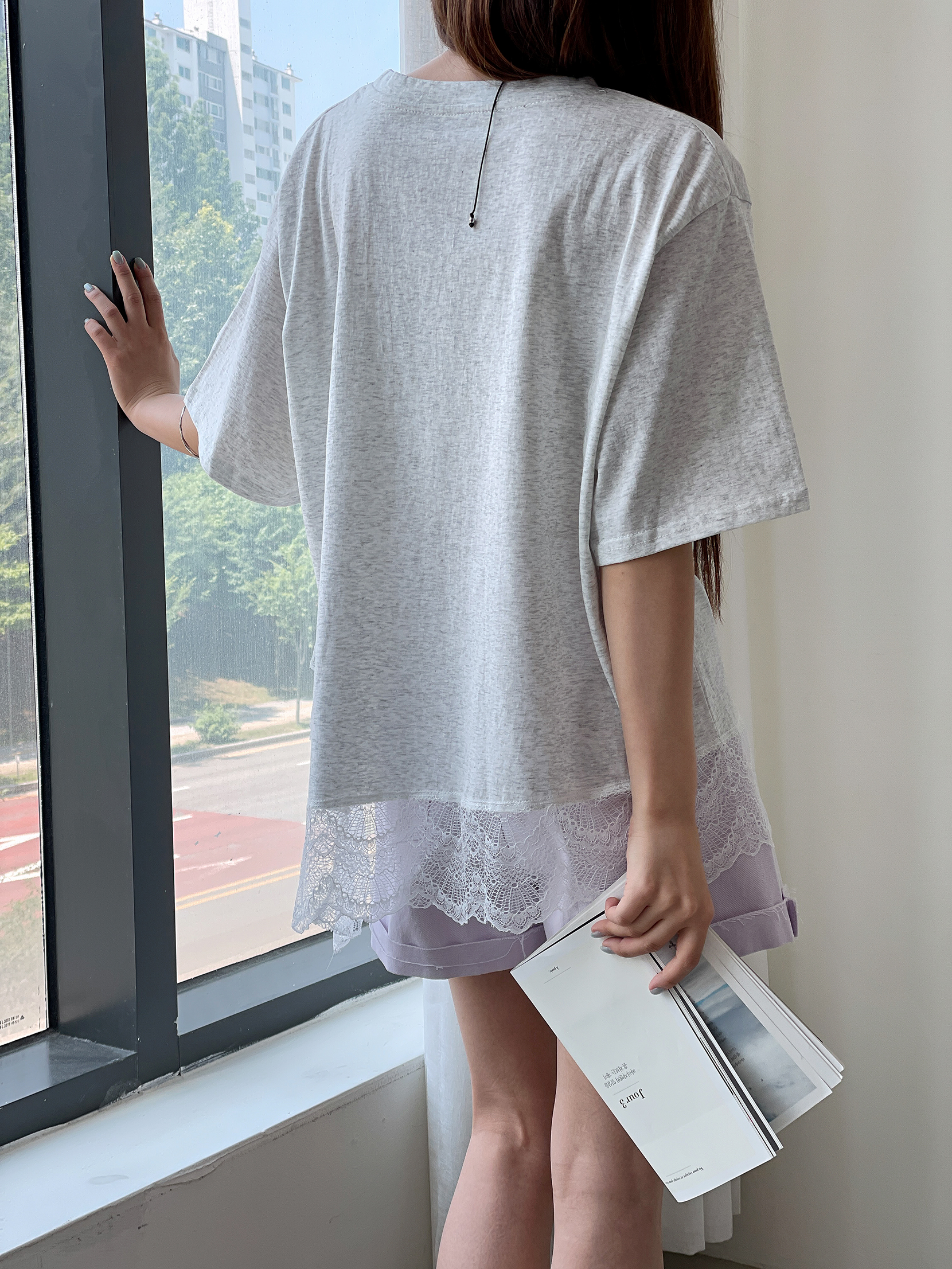 レースラウンドネックオーバーサイズドロップショルダーレースTシャツ | 詳細画像11