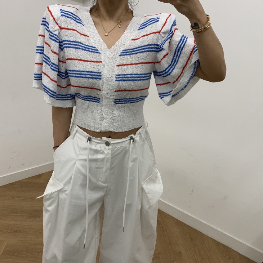 ボタンVネックスリム半袖ボーダーカーディガン | 詳細画像25