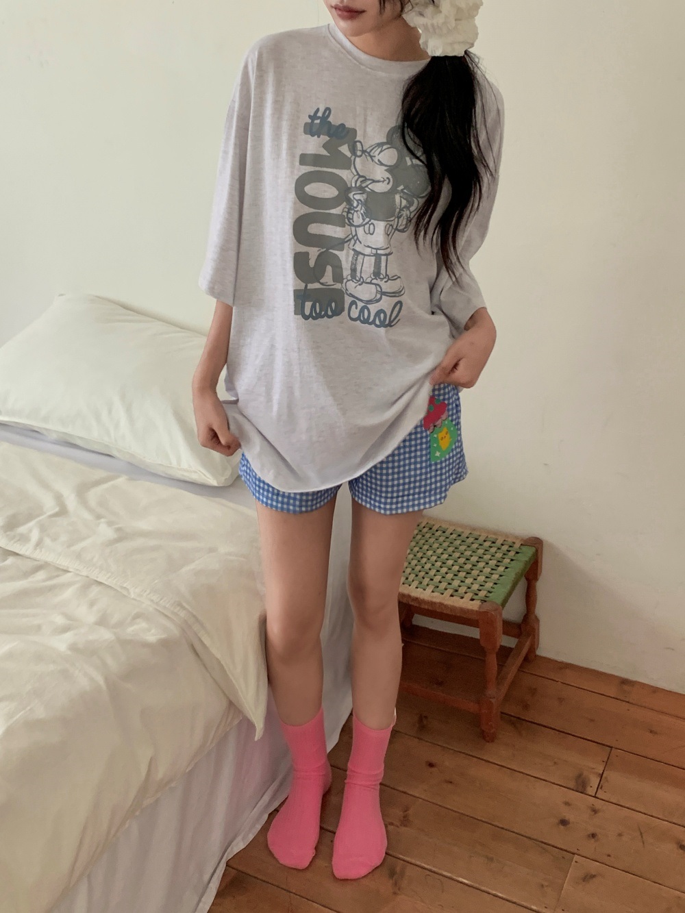コットンスクエアネックオーバーサイズルーズドロップショルダープリントTシャツ | 詳細画像3