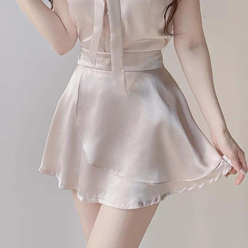 シフォンラップ調フレアボタンショートヒドゥンジッパースカートパンツ | mirangmirang | 詳細画像39