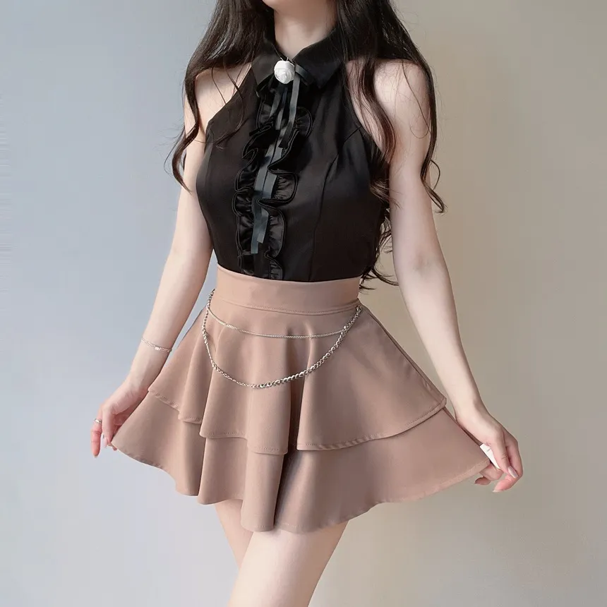 ヒドゥンジッパーティアードフリルポイントショート無地スカートチェーンセット | mirangmirang | 詳細画像9