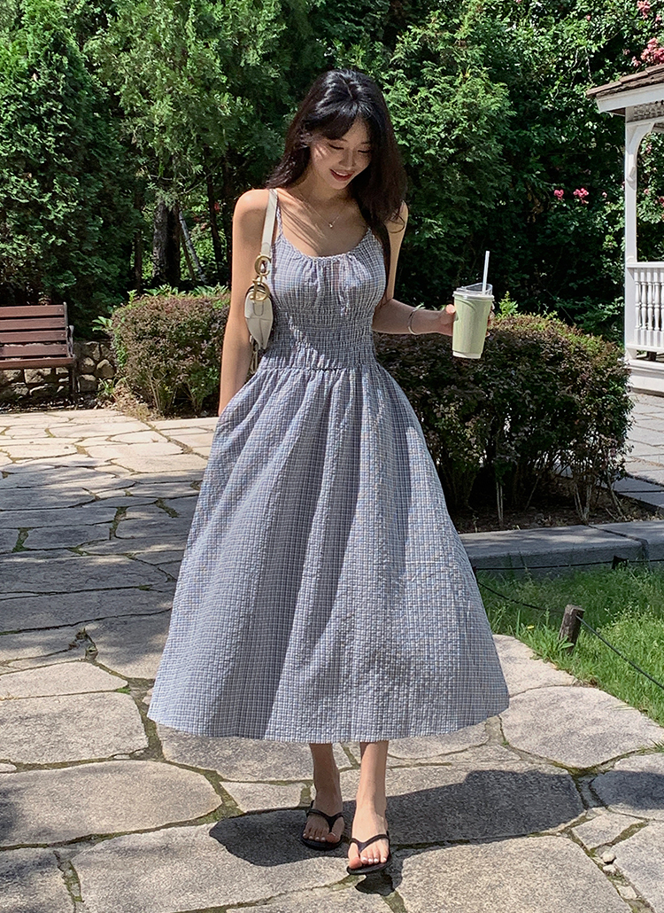 ロングシャーリングスリムチェックキャミワンピース | レディース