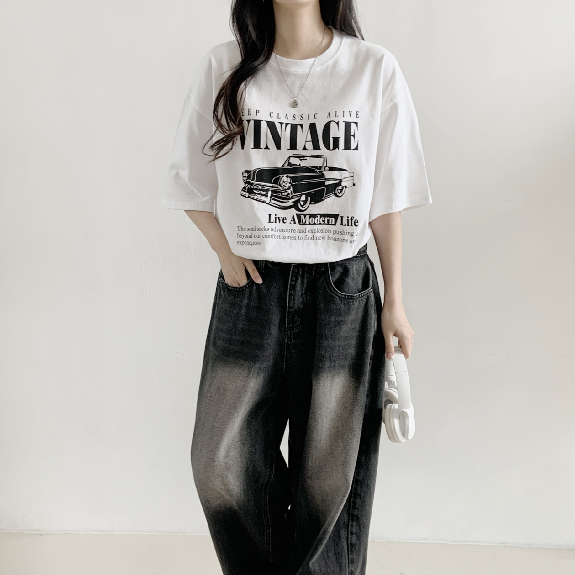 コットンラウンドネックオーバーサイズ半袖プリントTシャツ | 詳細画像4