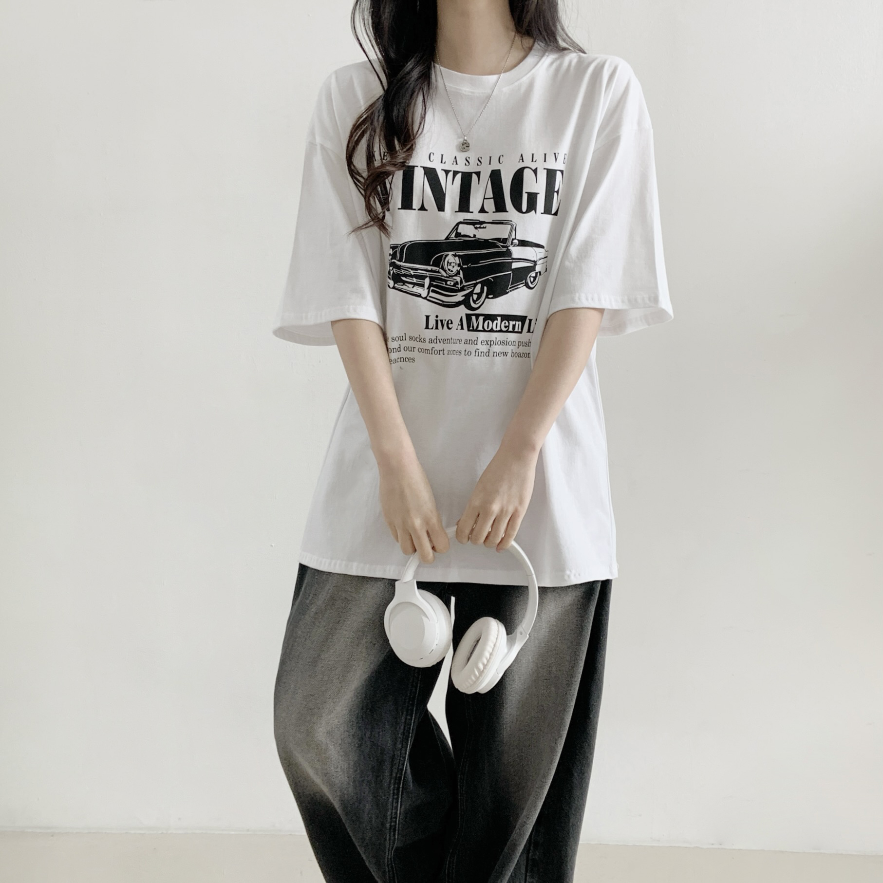 コットンラウンドネックオーバーサイズ半袖プリントTシャツ