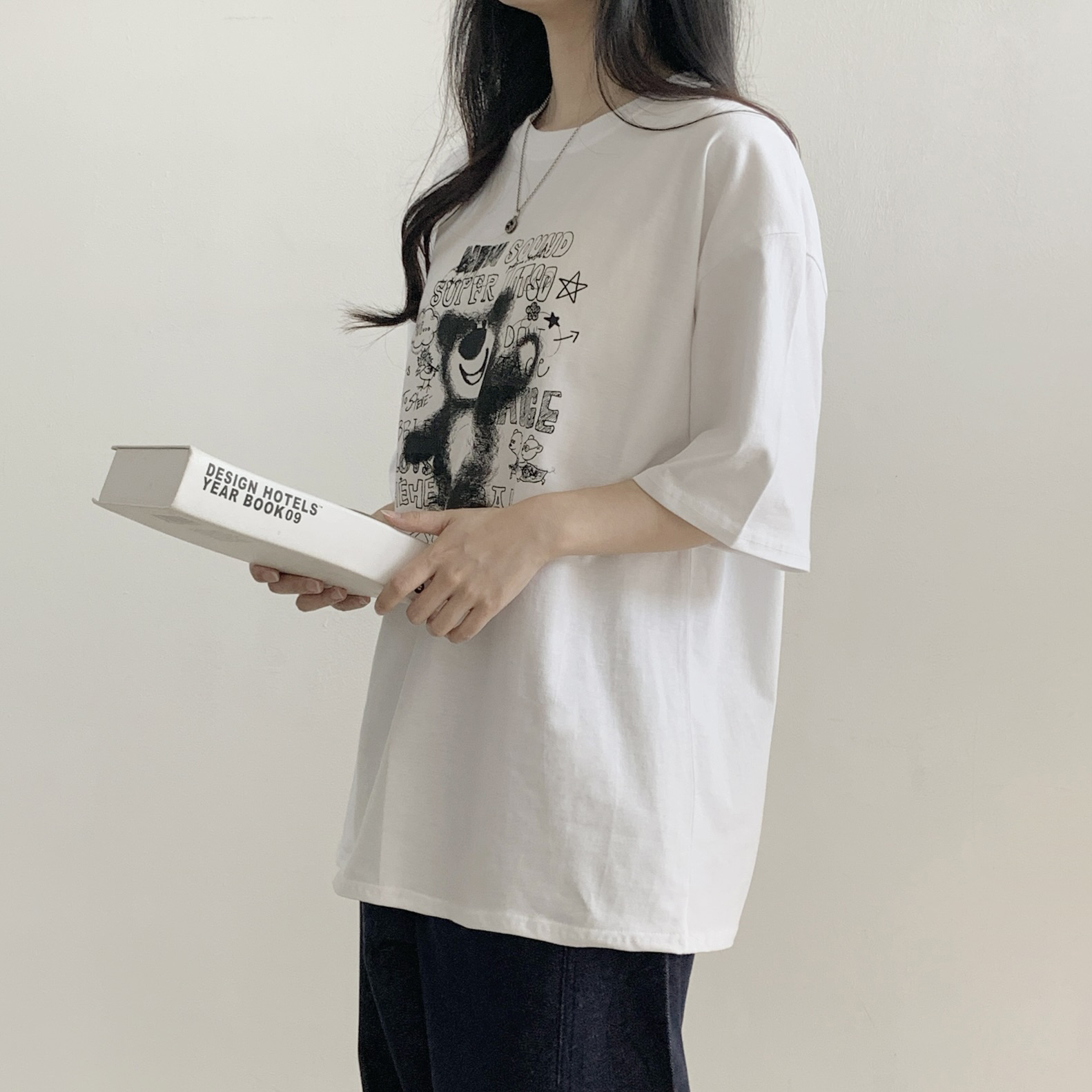 コットンラウンドネックオーバーサイズ半袖プリントベアTシャツ | 詳細画像2